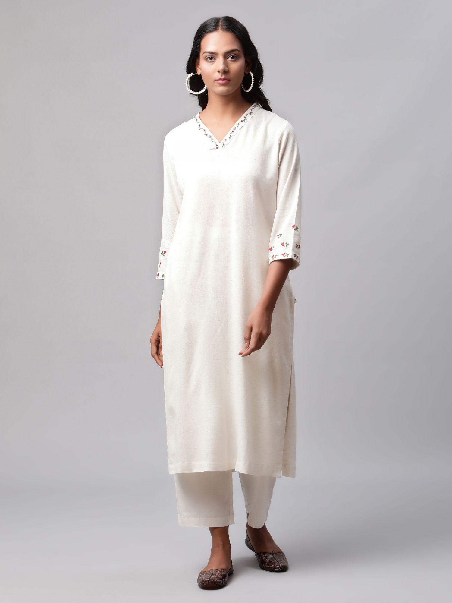 woman off white embroidered kurta