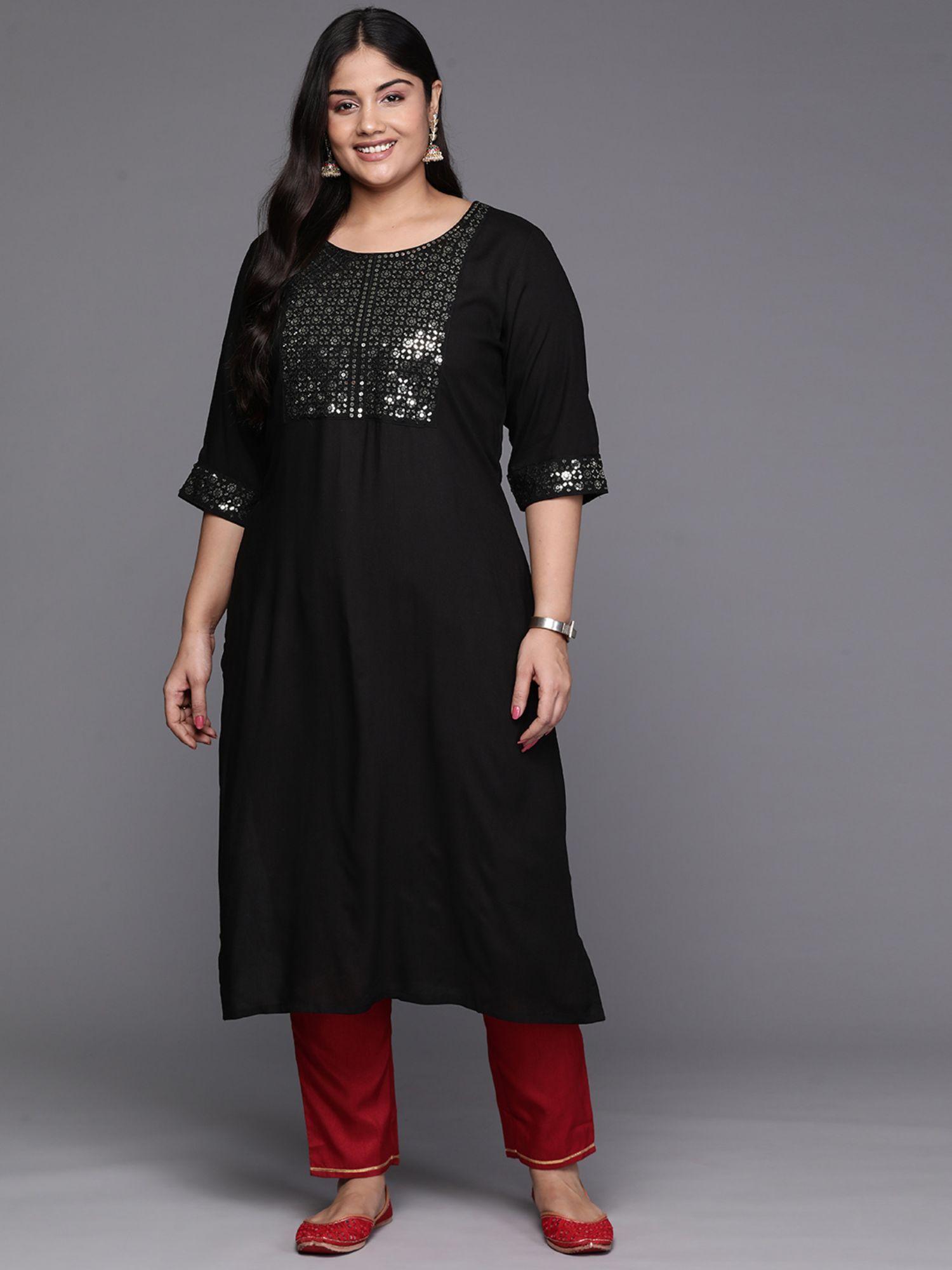 woman plus size black sequins self design straight kurta