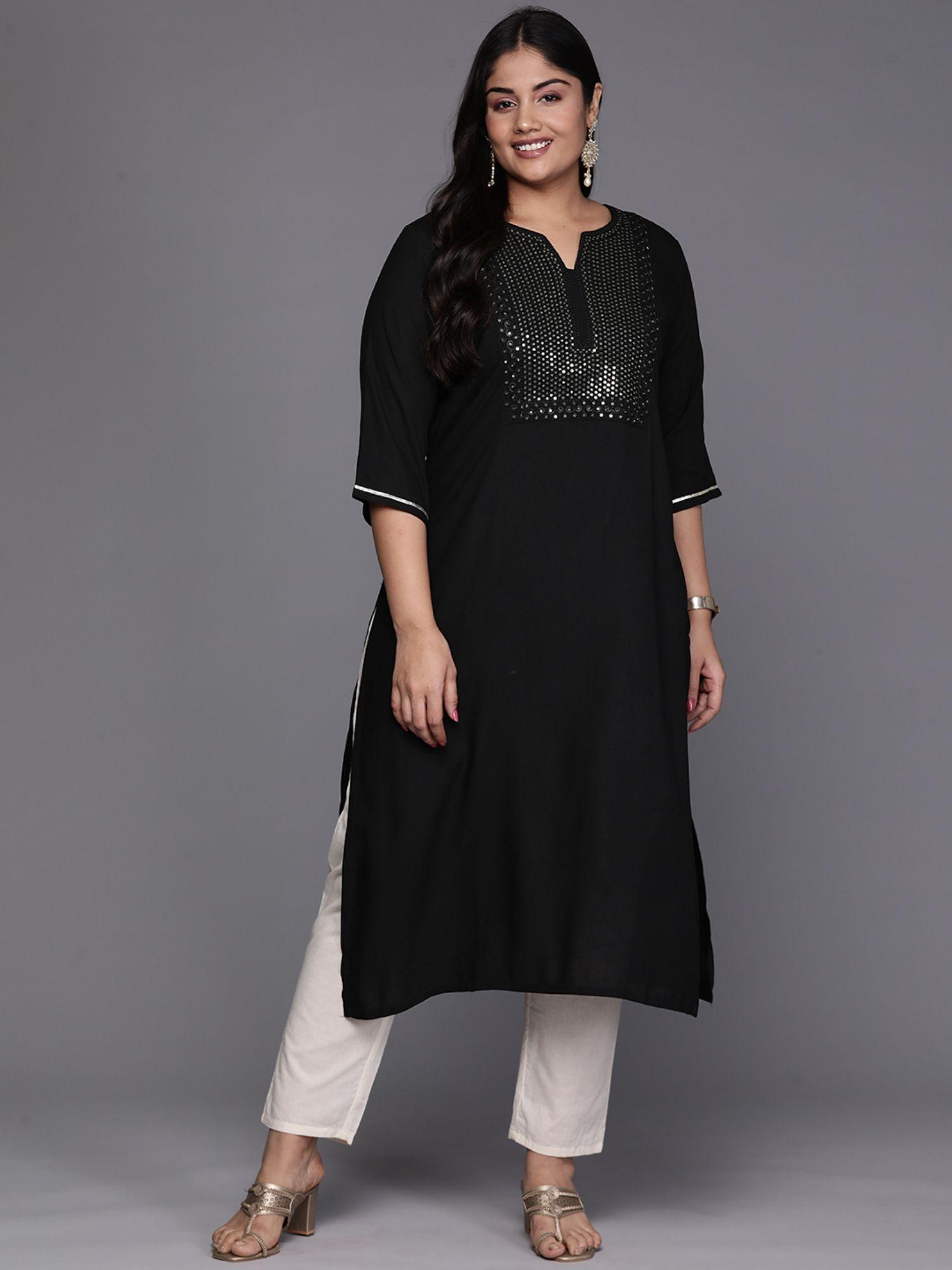 woman plus size black yoke detail straight kurta