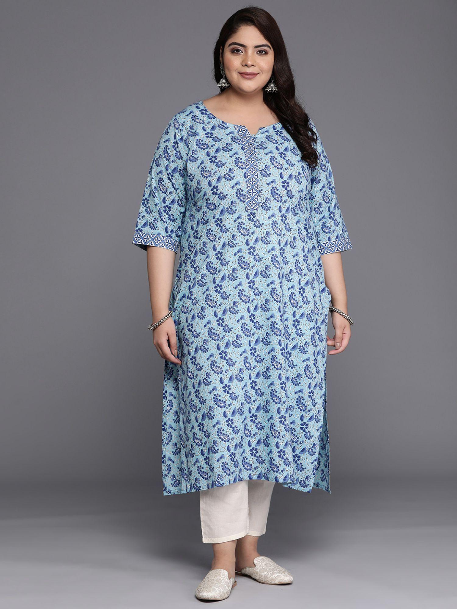 woman plus size blue cotton all-over printed straight kurta