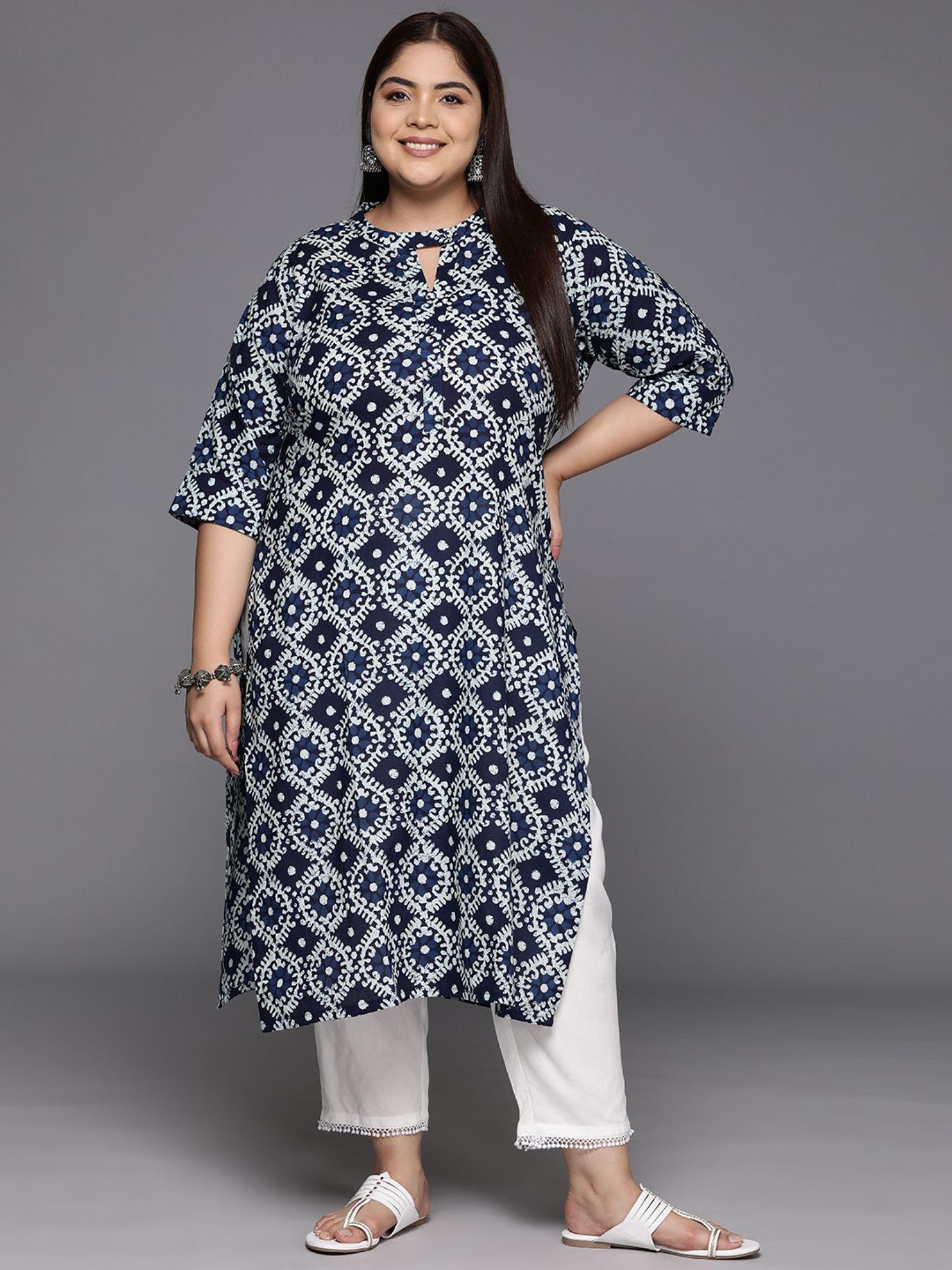 woman plus size blue cotton all-over printed straight kurta