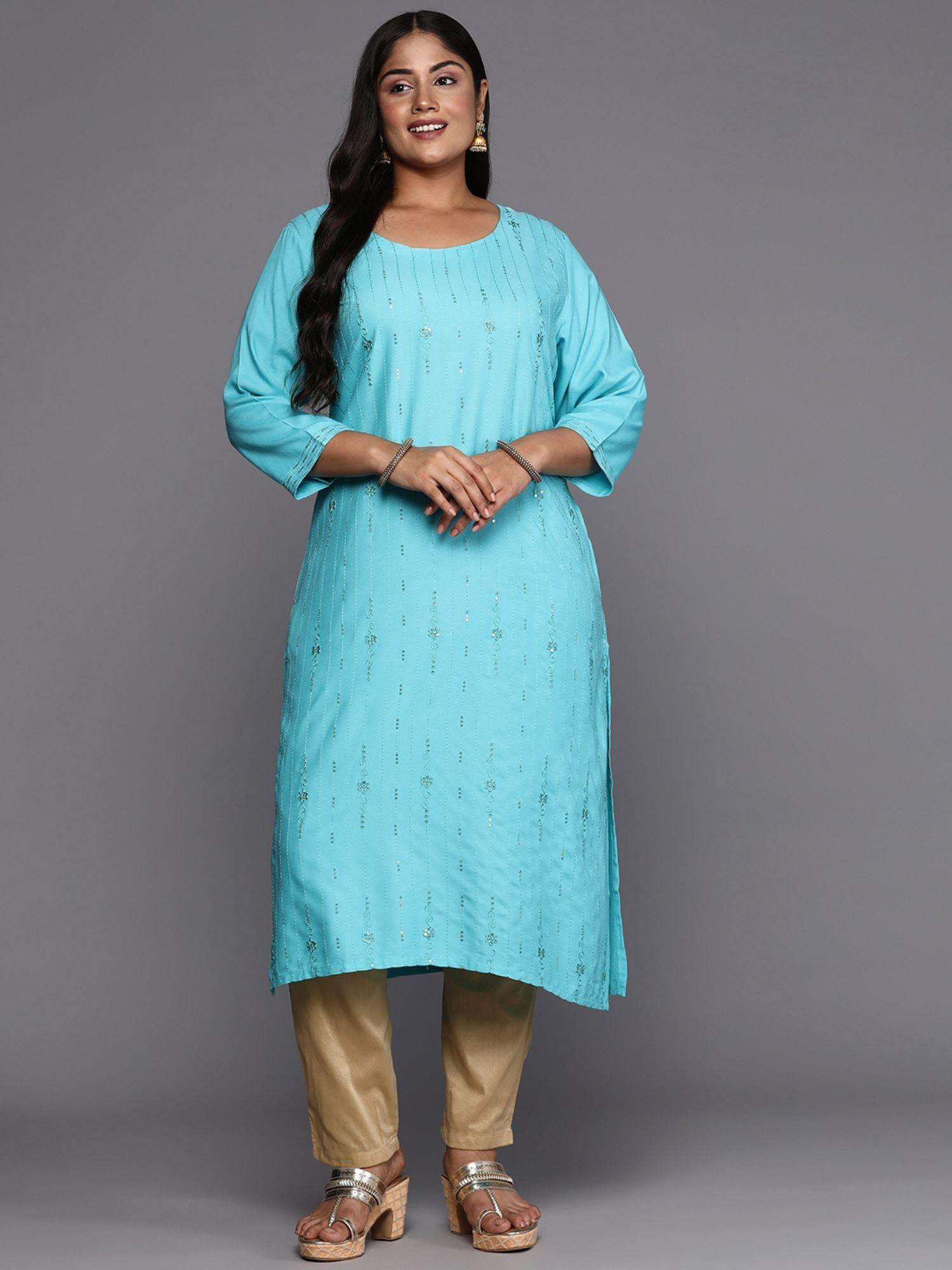 woman plus size blue embroidered straight kurta