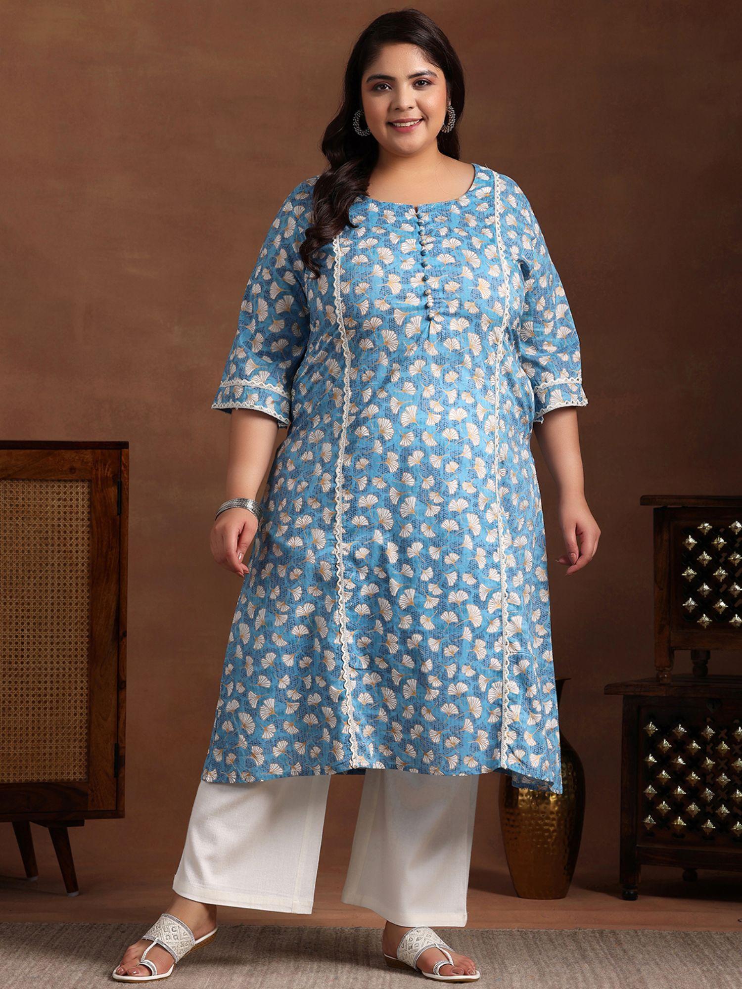 woman plus size blue floral printed a-line paneled kurta