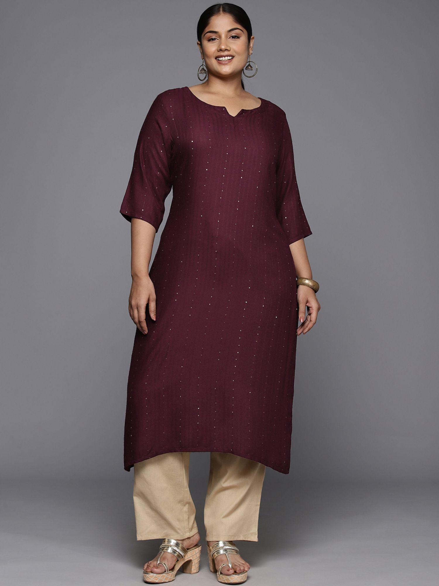 woman plus size burgundy sequins detail straight kurta