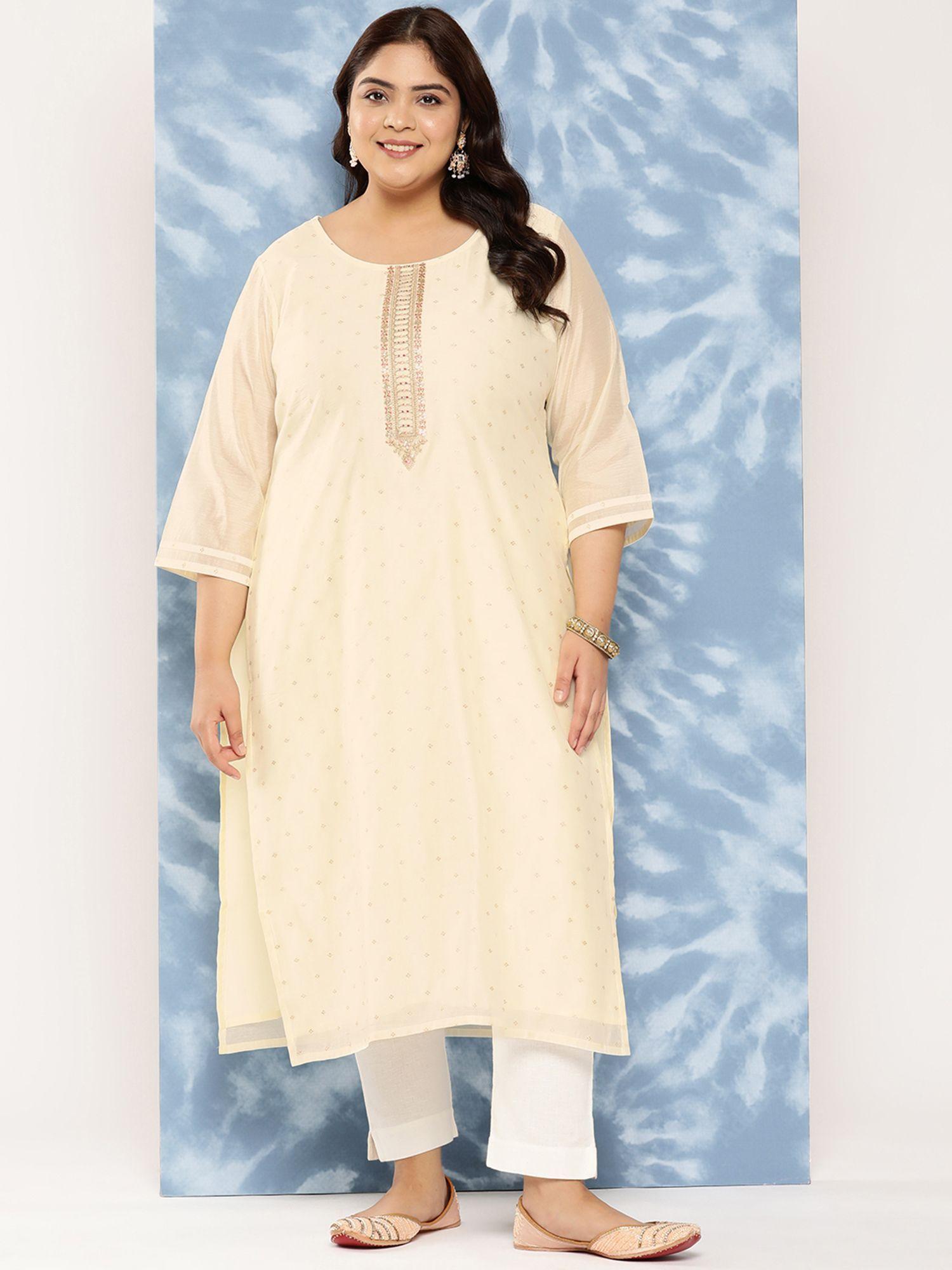 woman plus size cream chanderi silk zari work straight kurta