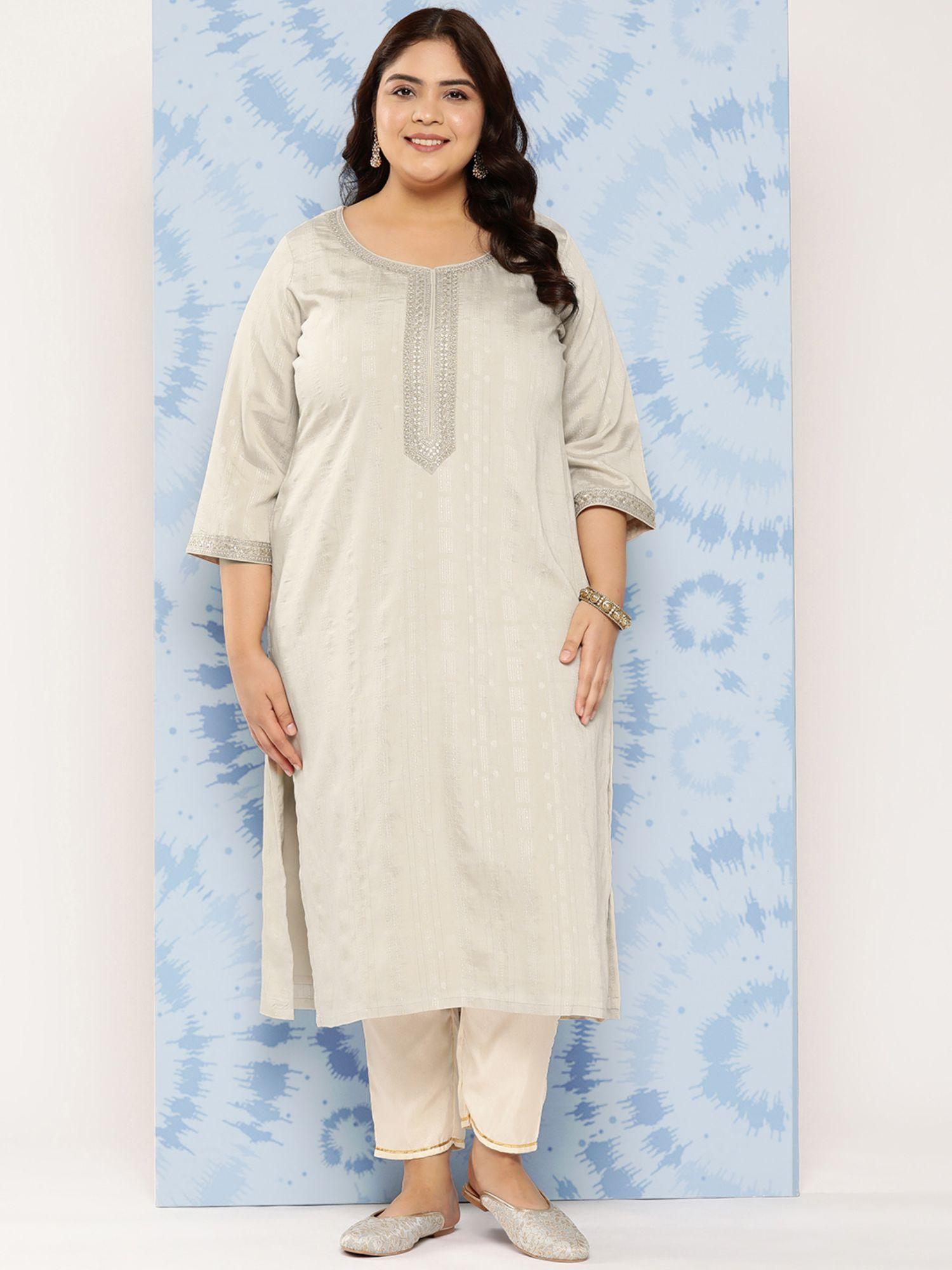 woman plus size cream viscose self design with zari work straight kurta