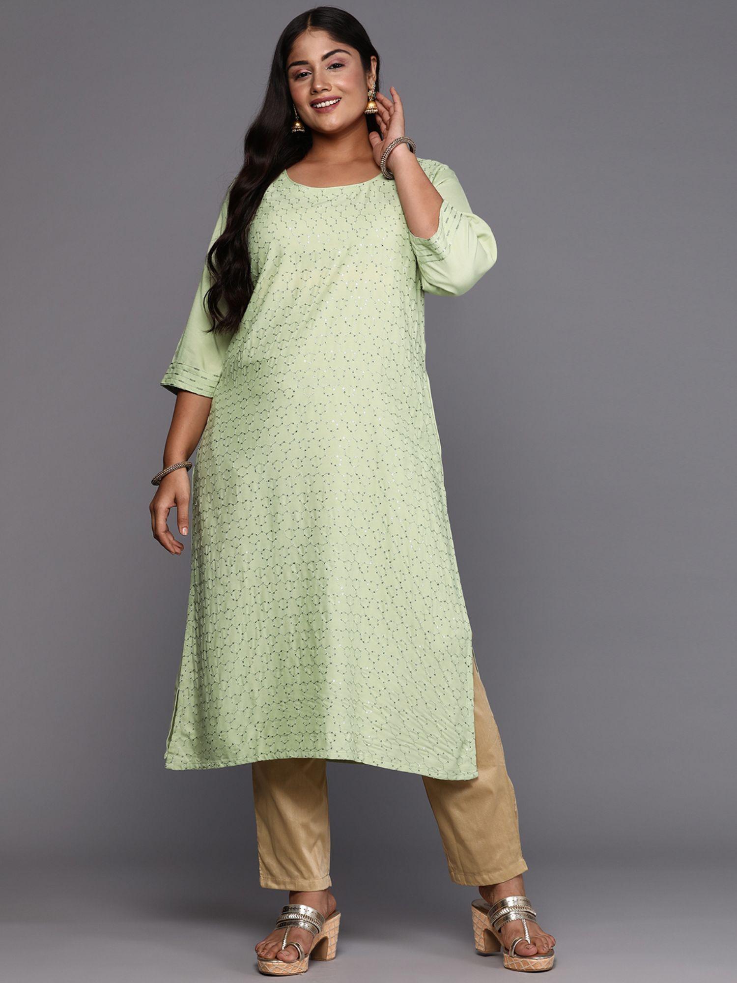 woman plus size green embroidered straight kurta