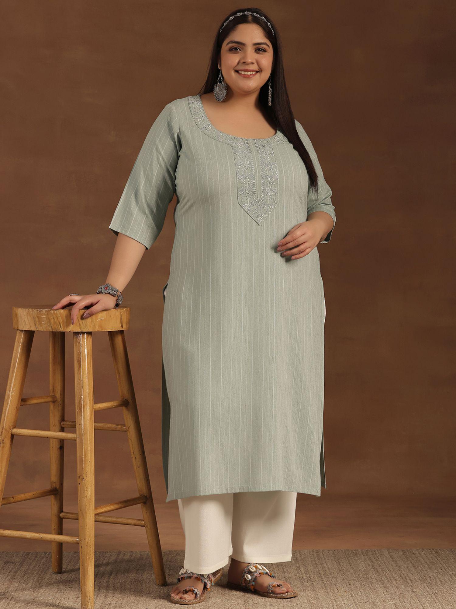 woman plus size green embroidered woven design straight kurta