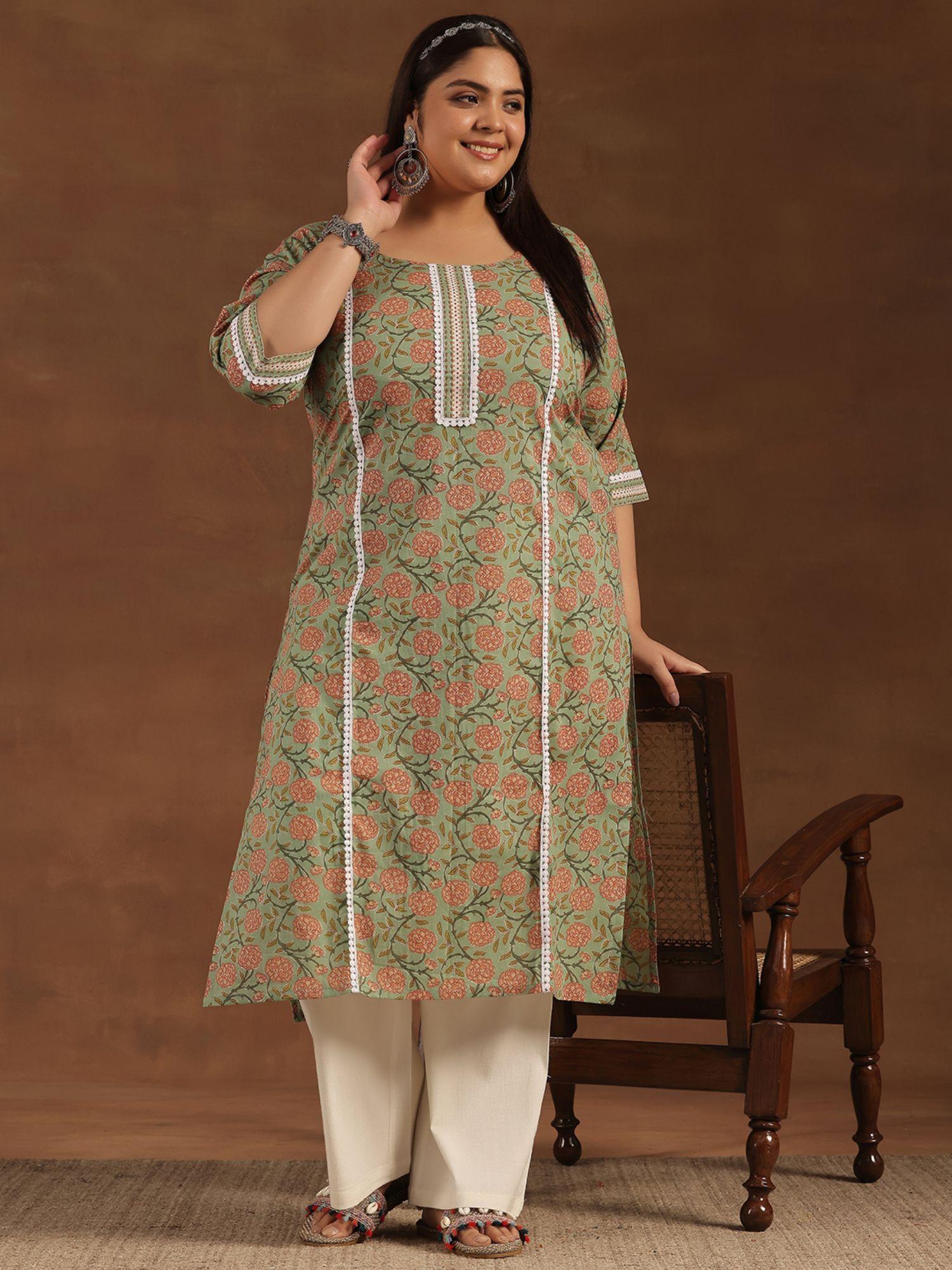 woman plus size green floral printed straight kurta