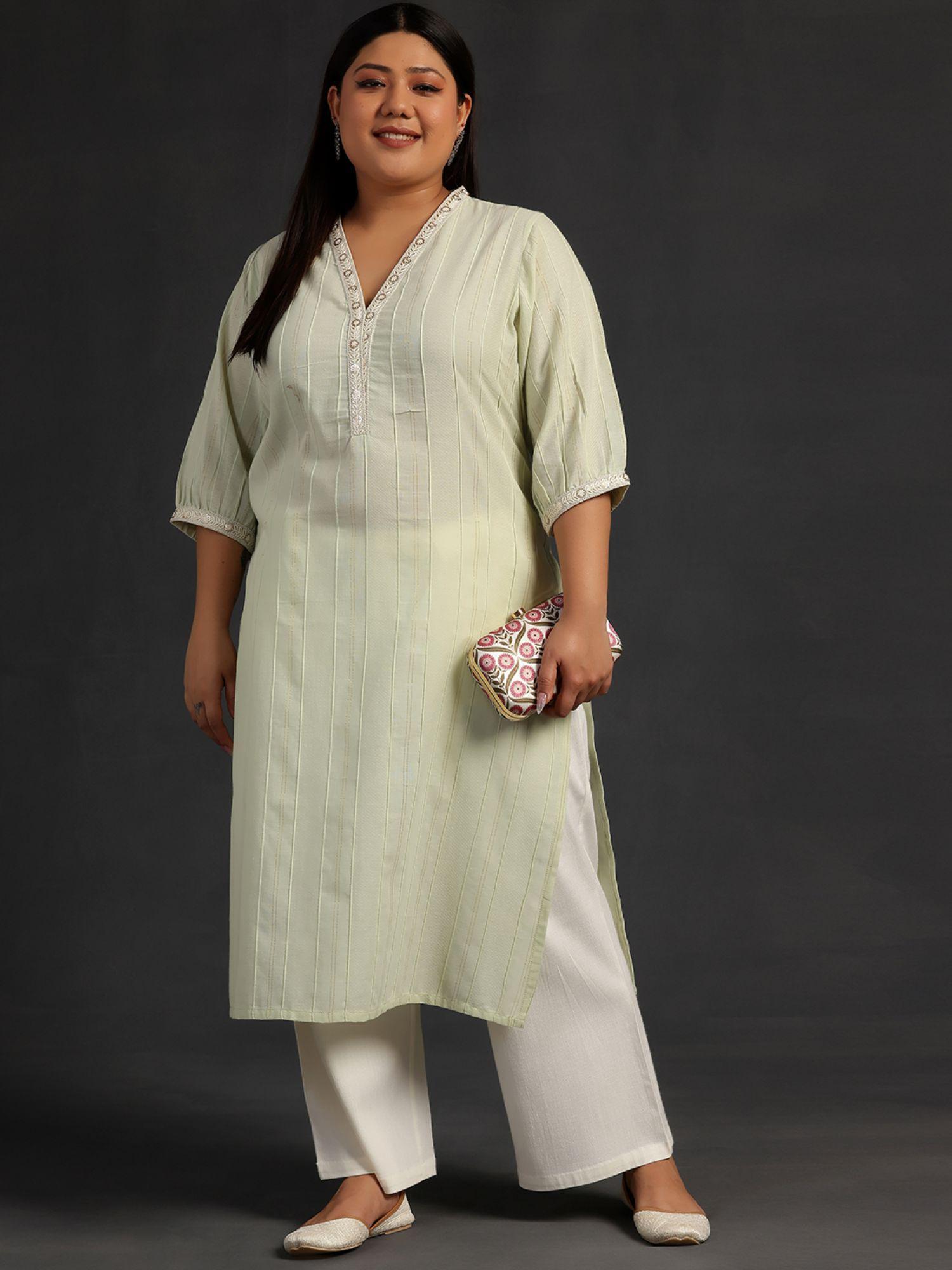 woman plus size green self design straight cotton blend kurta