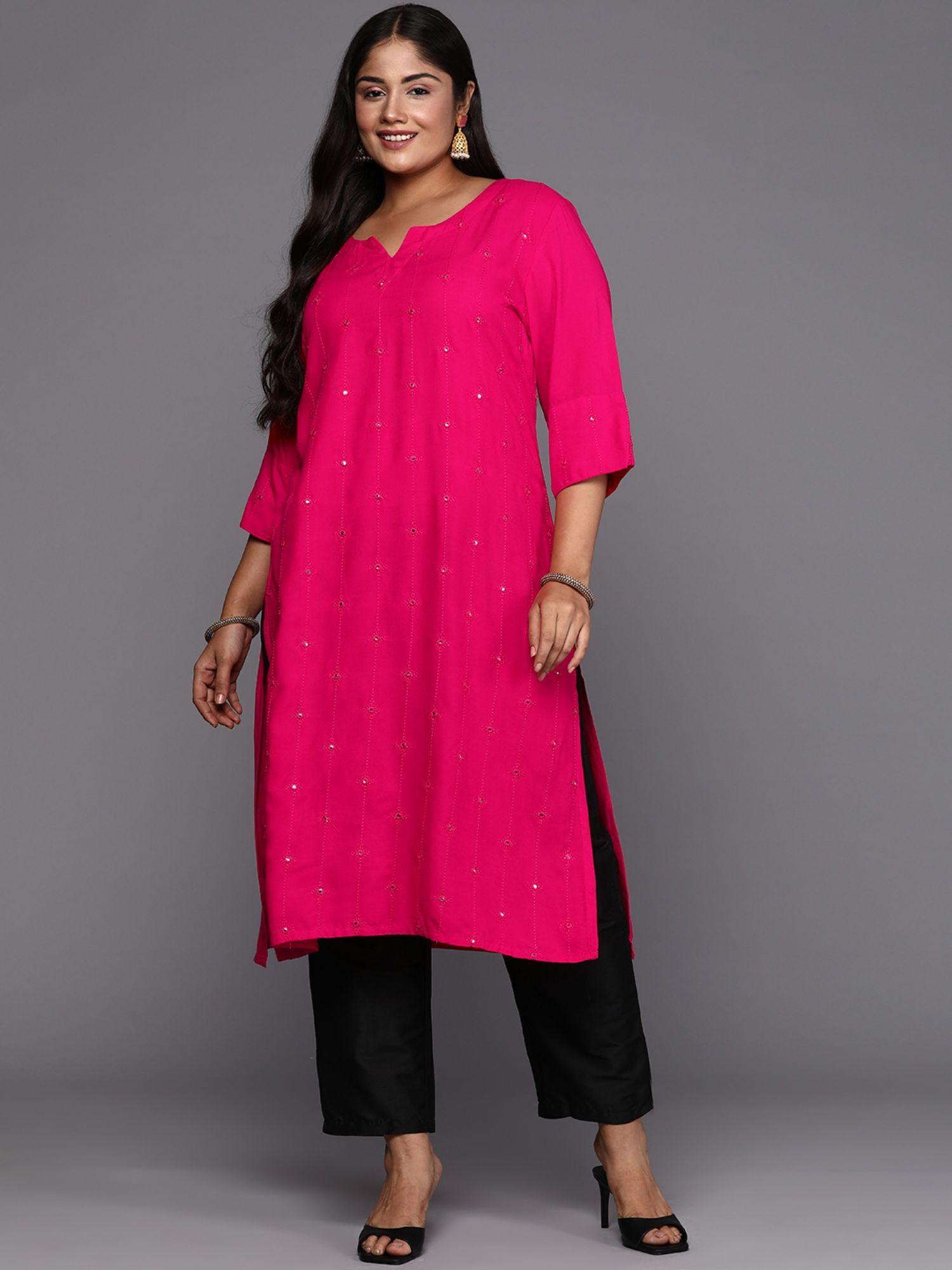 woman plus size hot pink mirror work straight kurta