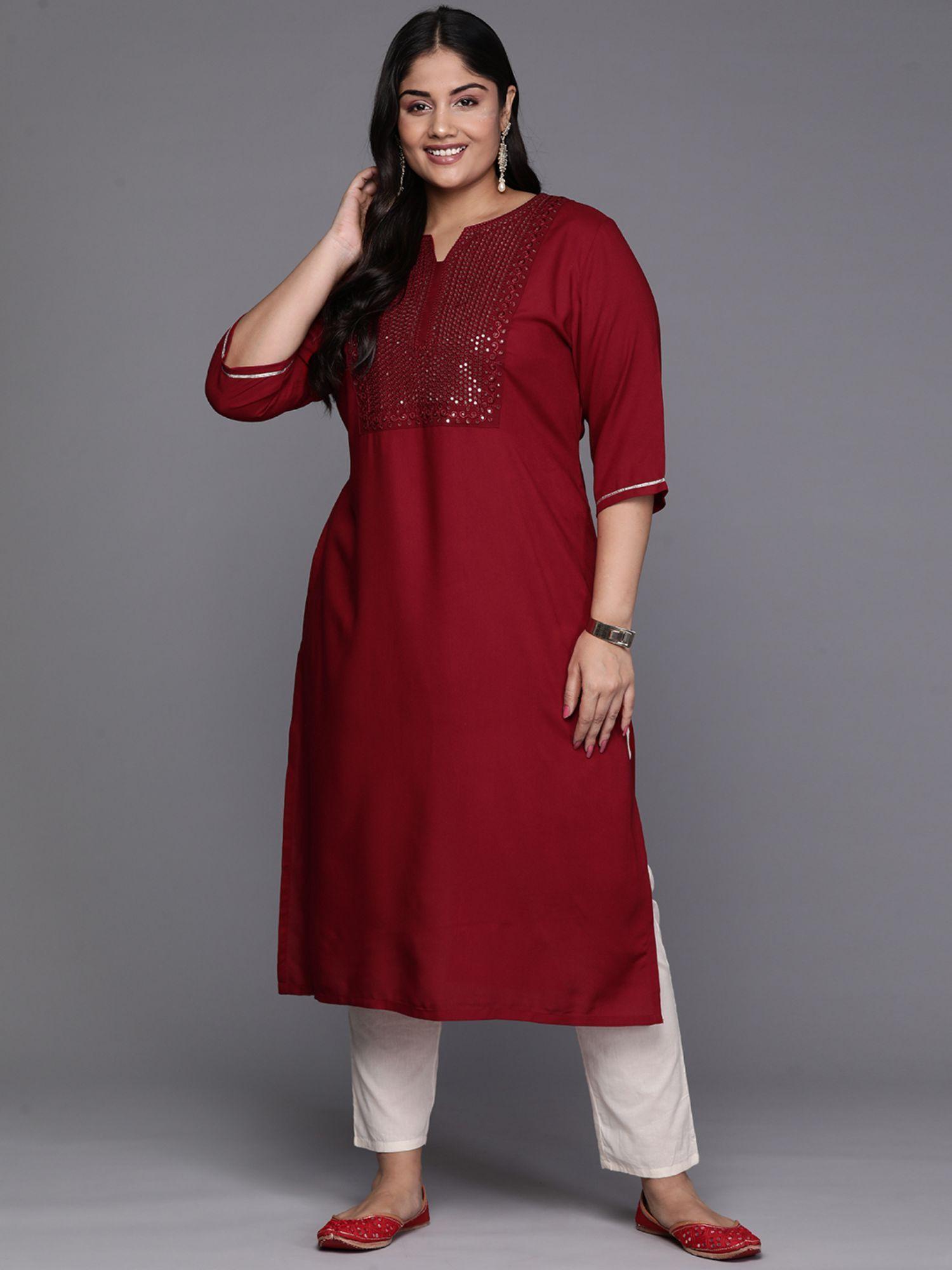 woman plus size maroon yoke detail straight kurta