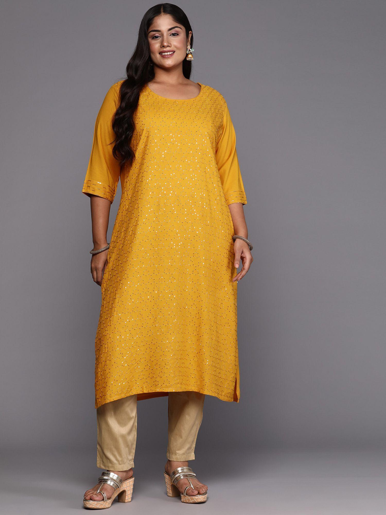 woman plus size mustard sequins detail straight kurta