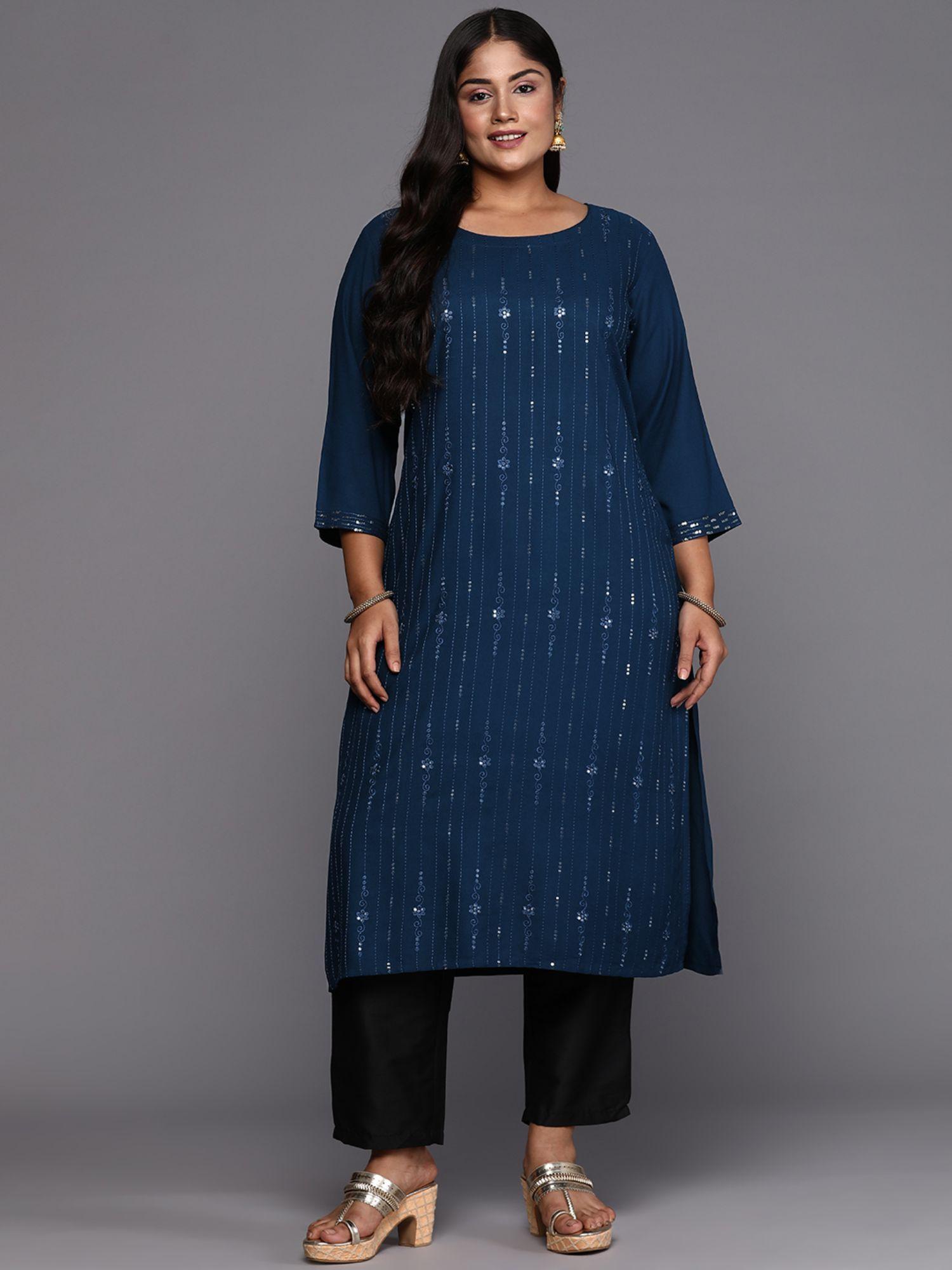 woman plus size navy blue sequins detail kurta