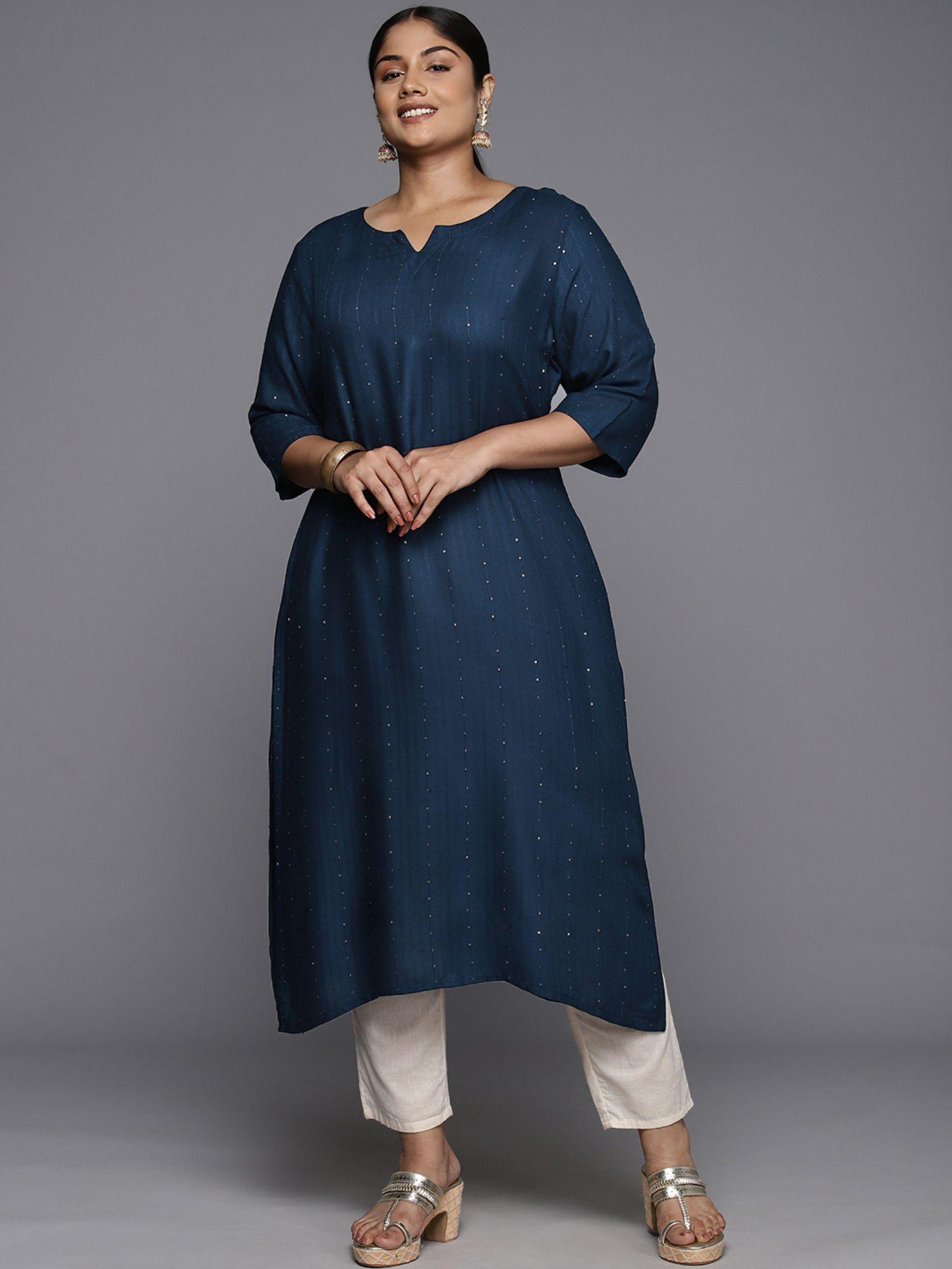 woman plus size navy blue sequins detail straight kurta