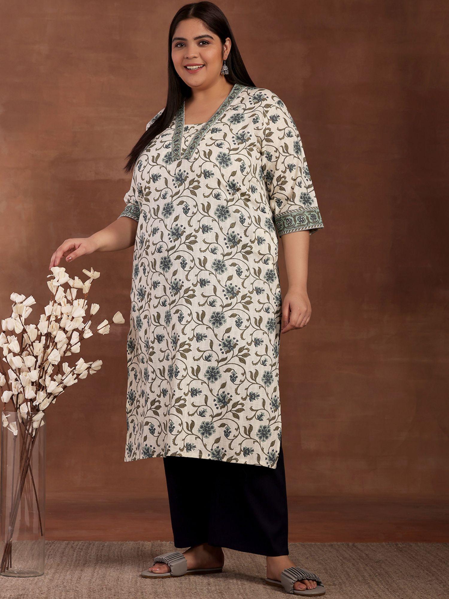 woman plus size off white and green floral printed cotton kurta