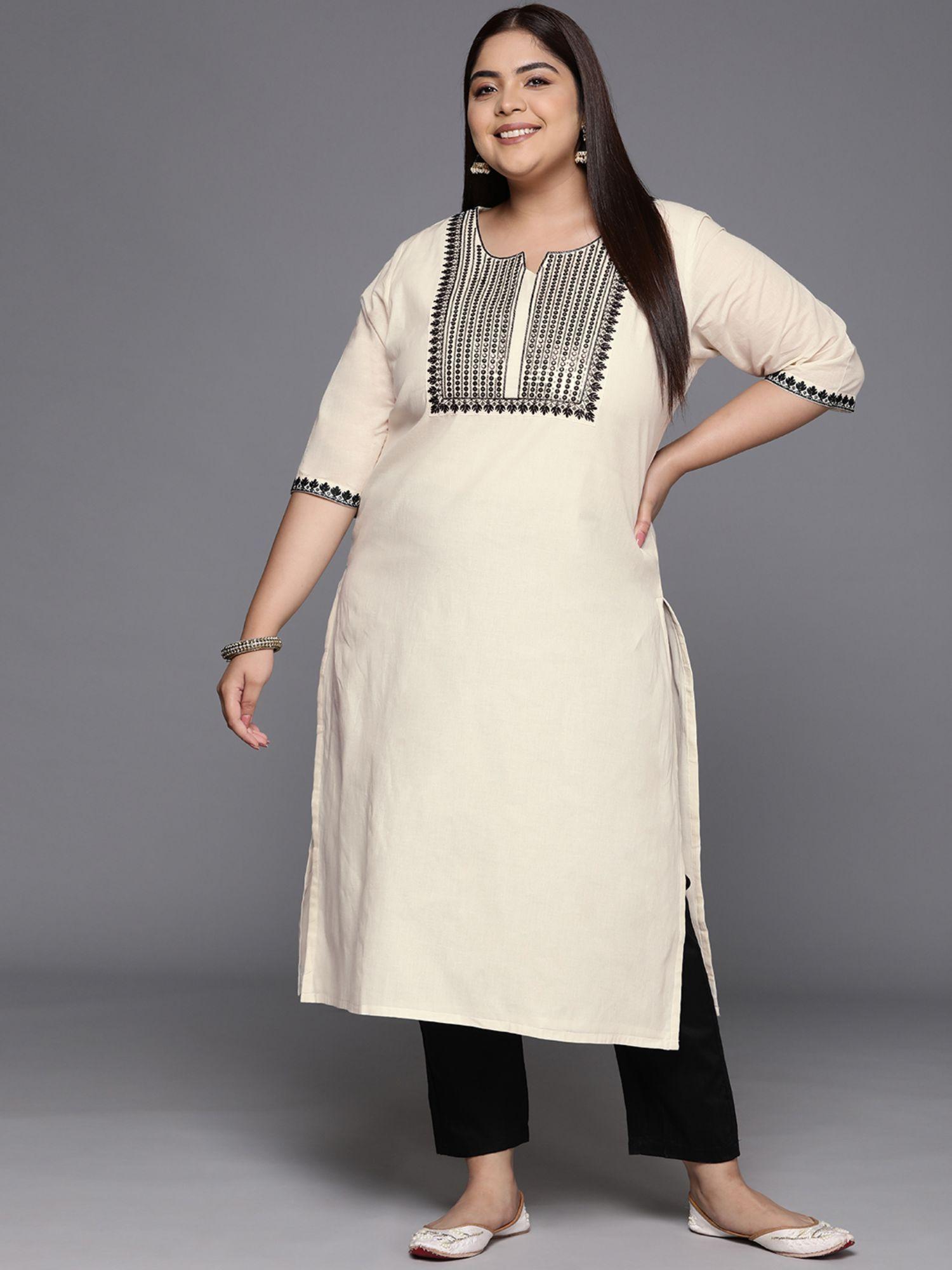 woman plus size off white cotton sequins straight kurta