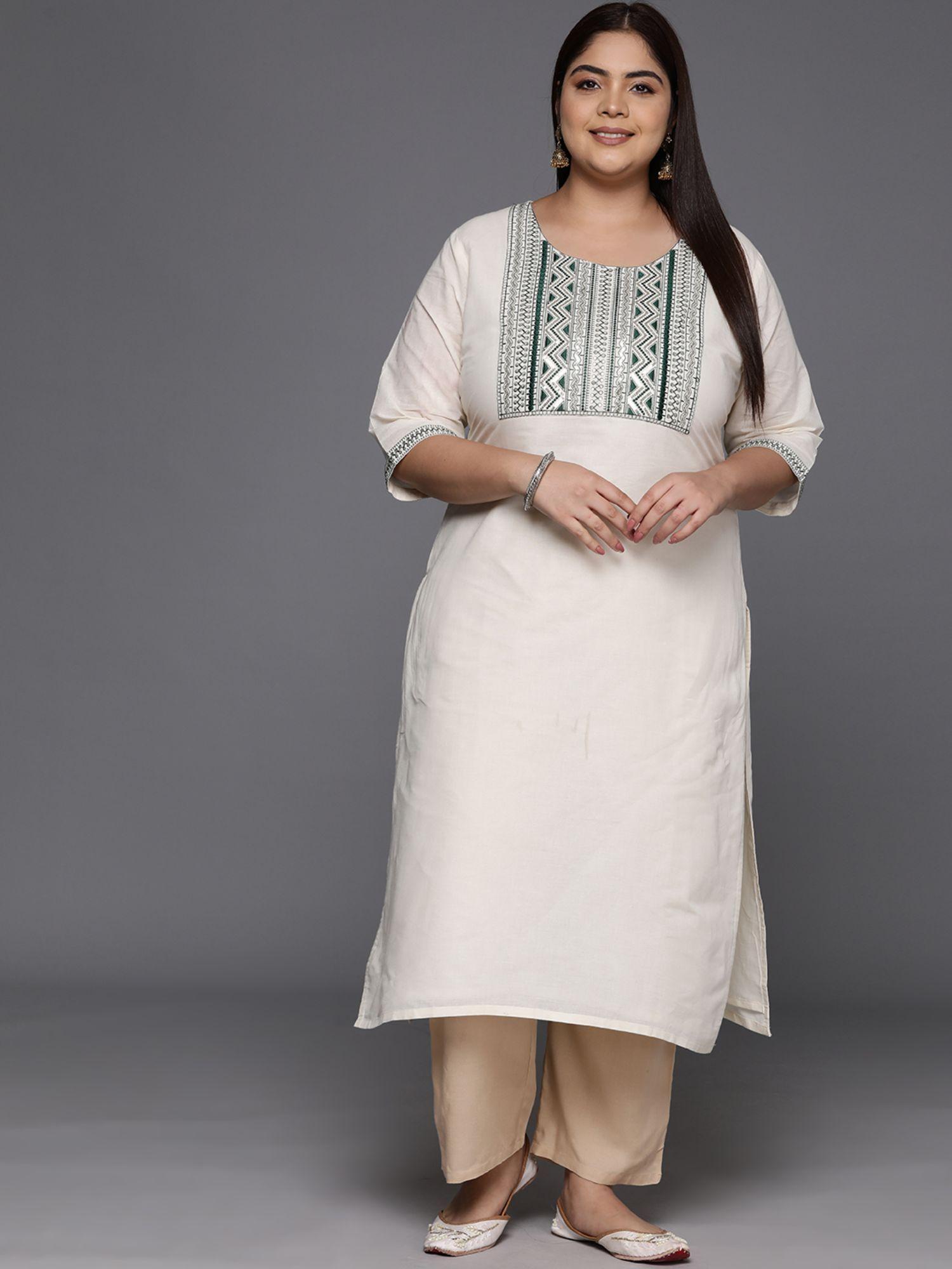 woman plus size off white cotton sequins yoke detail straight kurta