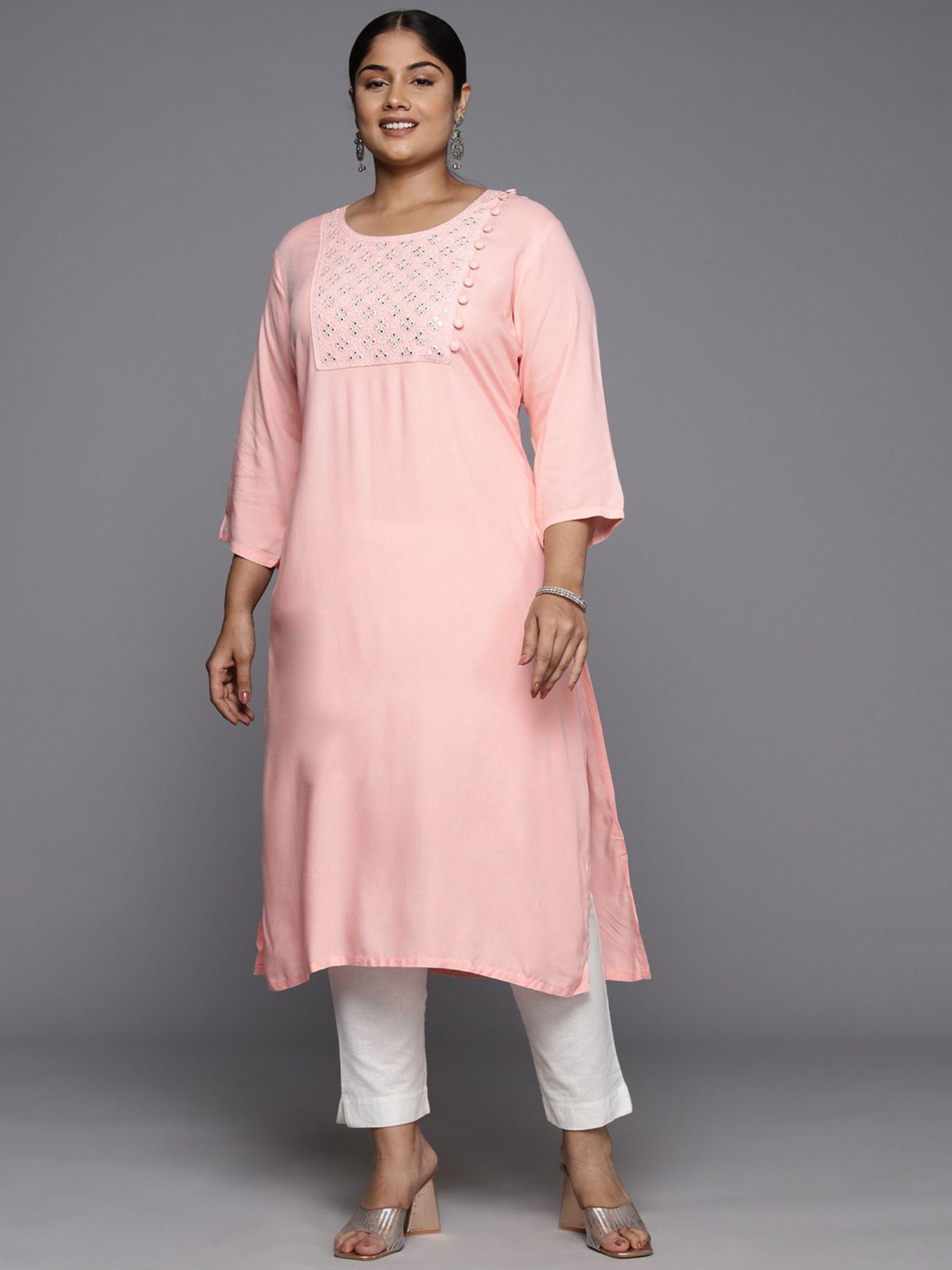 woman plus size peach embroidered straight kurta