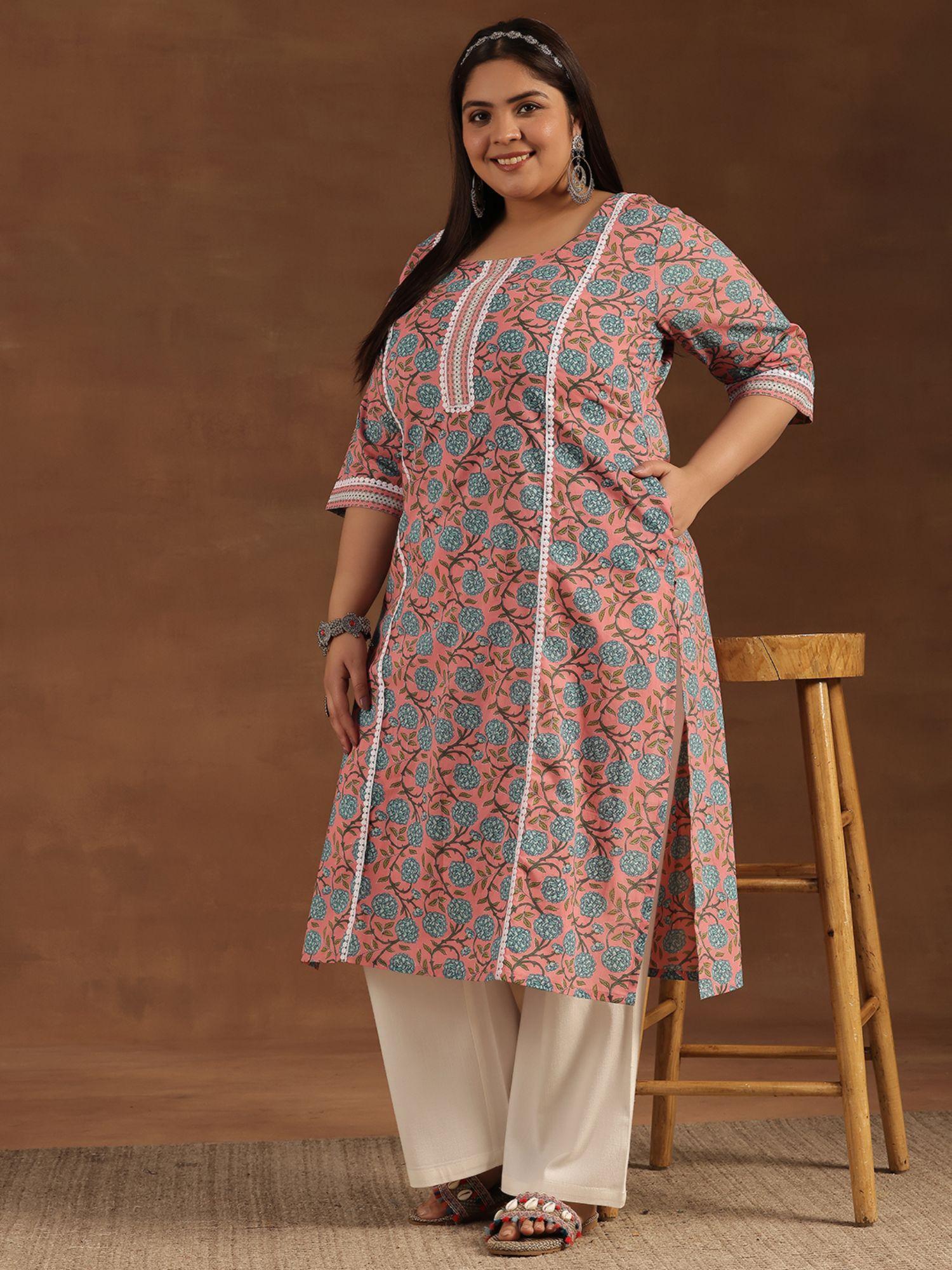 woman plus size peach floral printed straight kurta