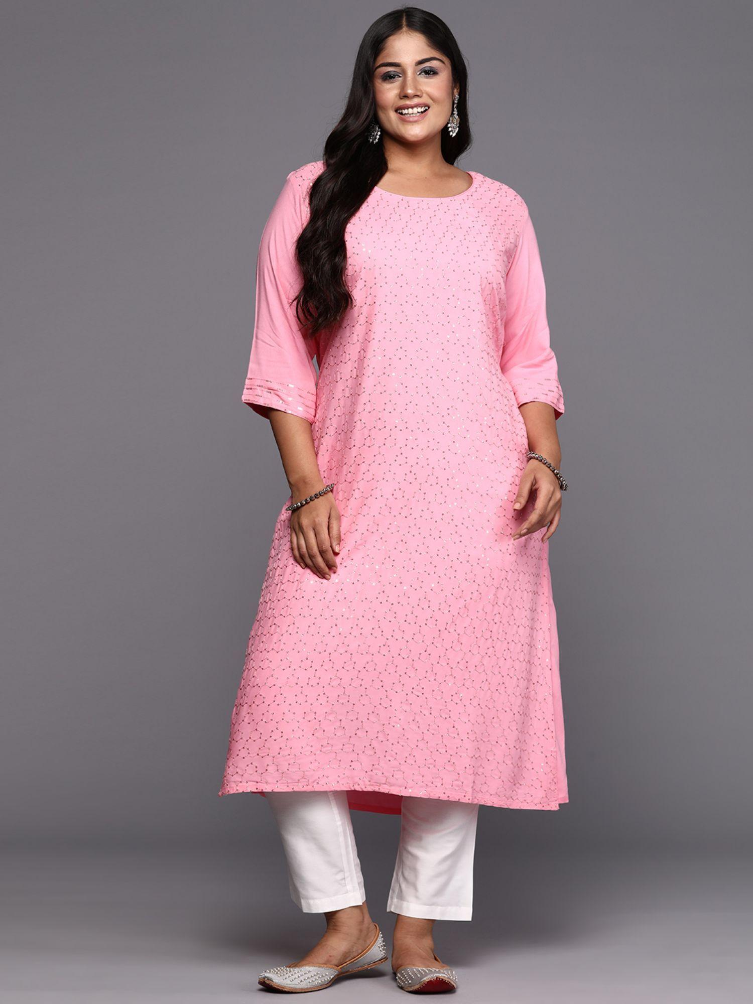 woman plus size pink embroidered straight kurta