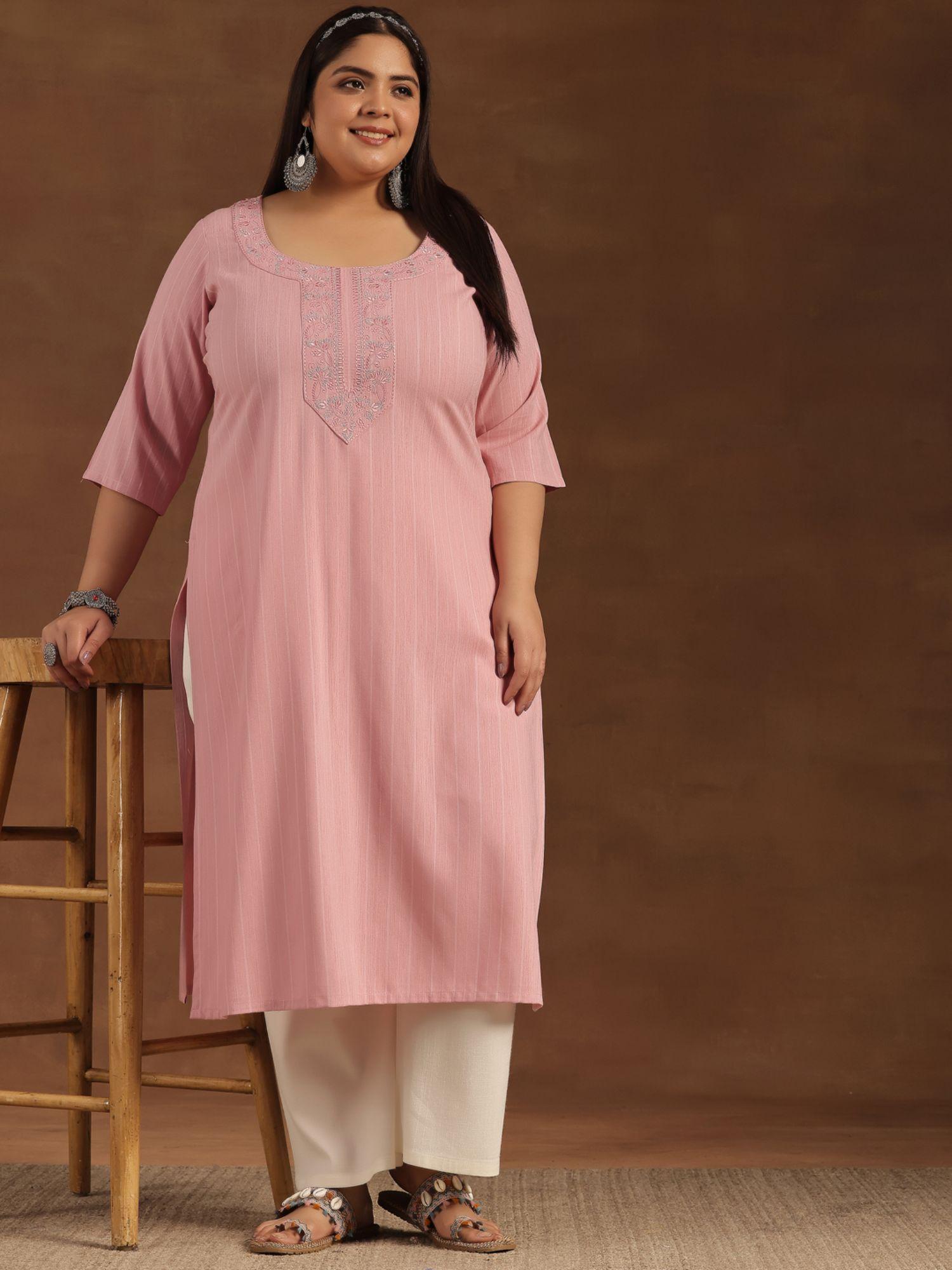 woman plus size pink embroidered woven design straight kurta