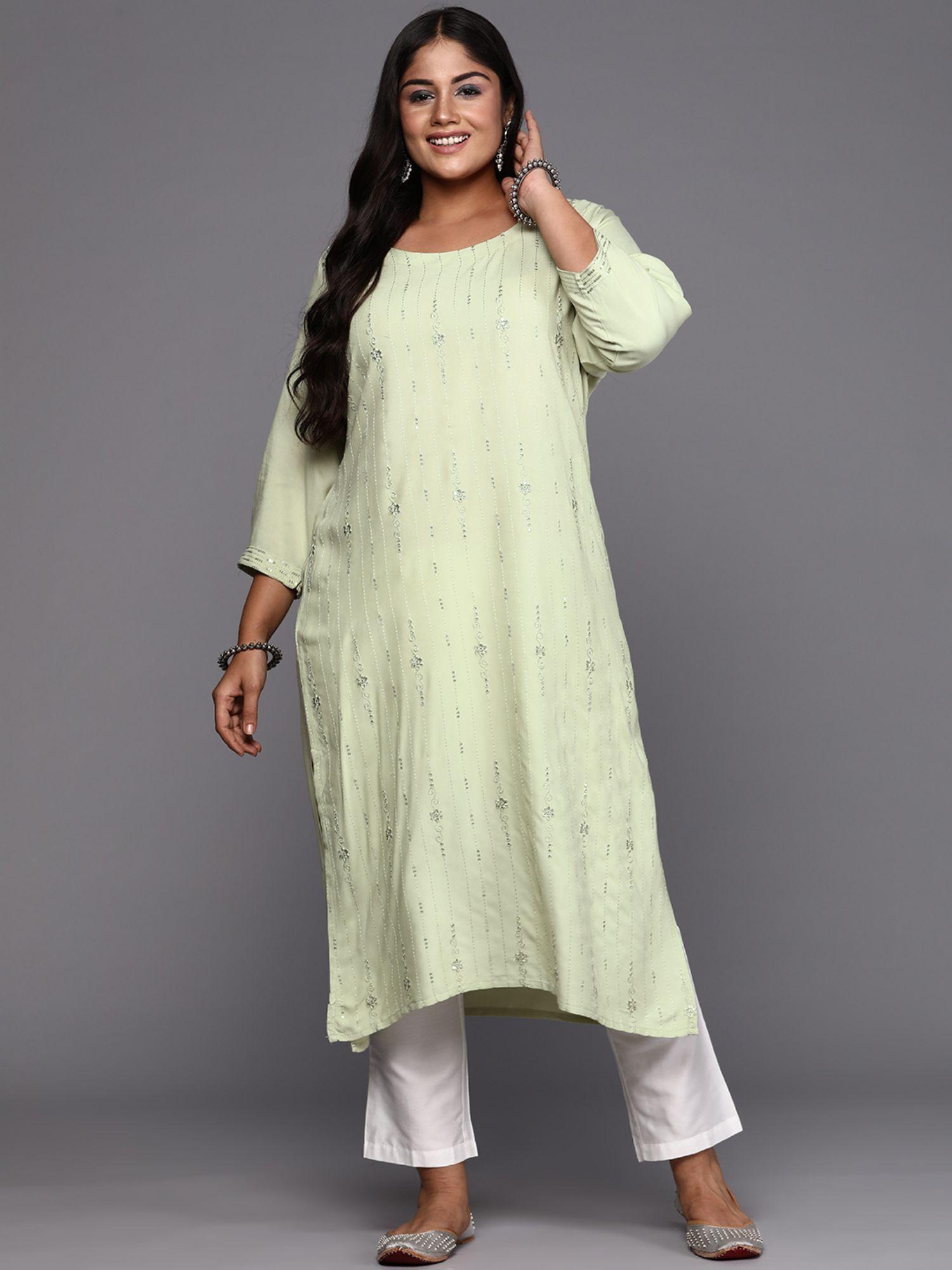 woman plus size pista green embroidered straight kurta