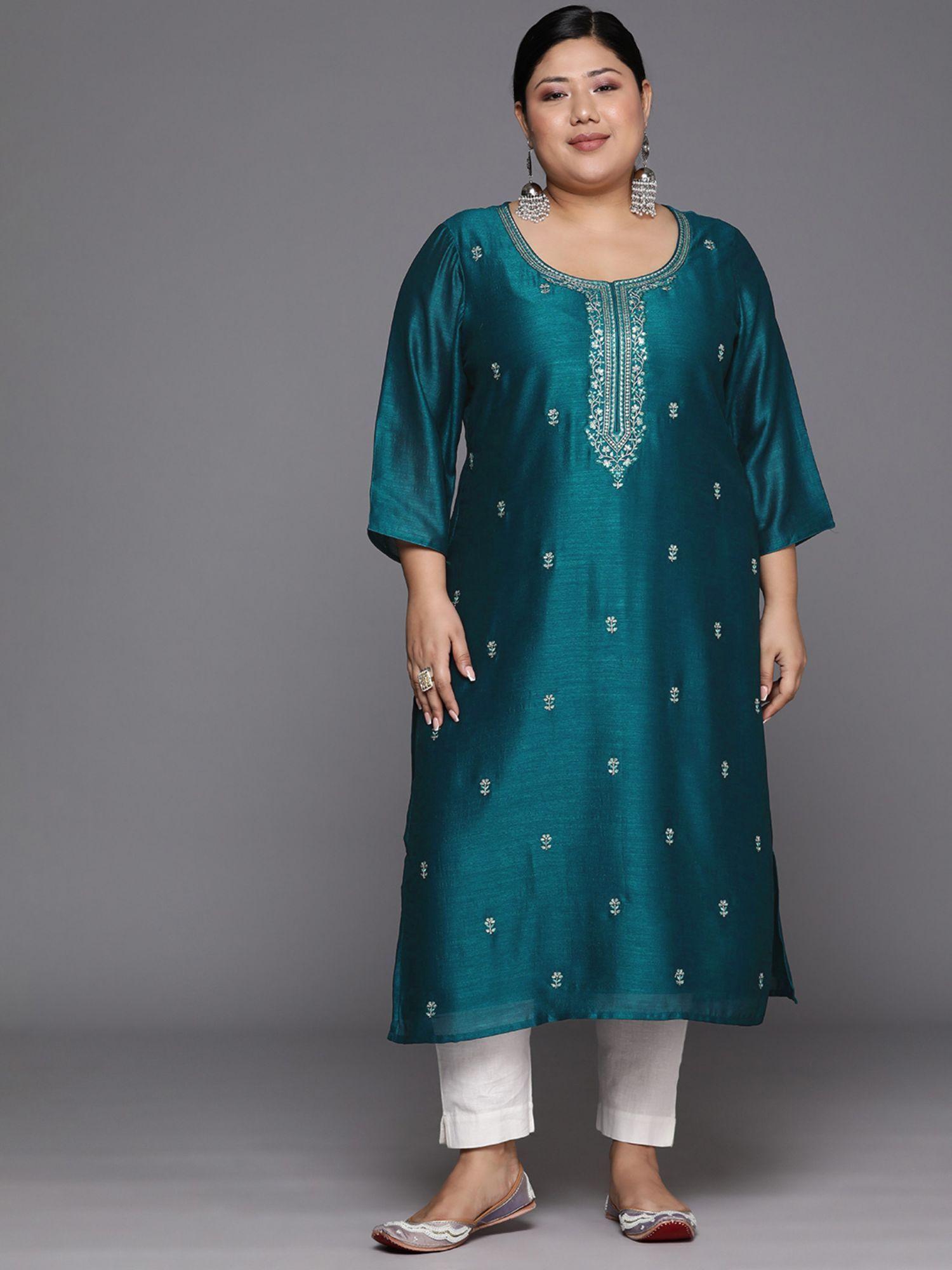 woman plus size teal silk blend zari embroidered straight kurta