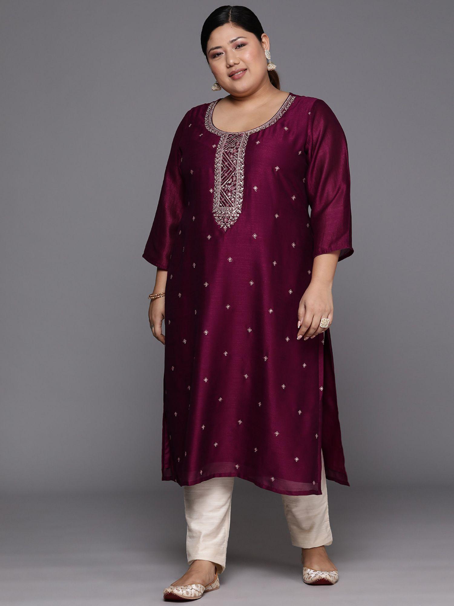 woman plus size wine silk blend zari embroidered straight kurta