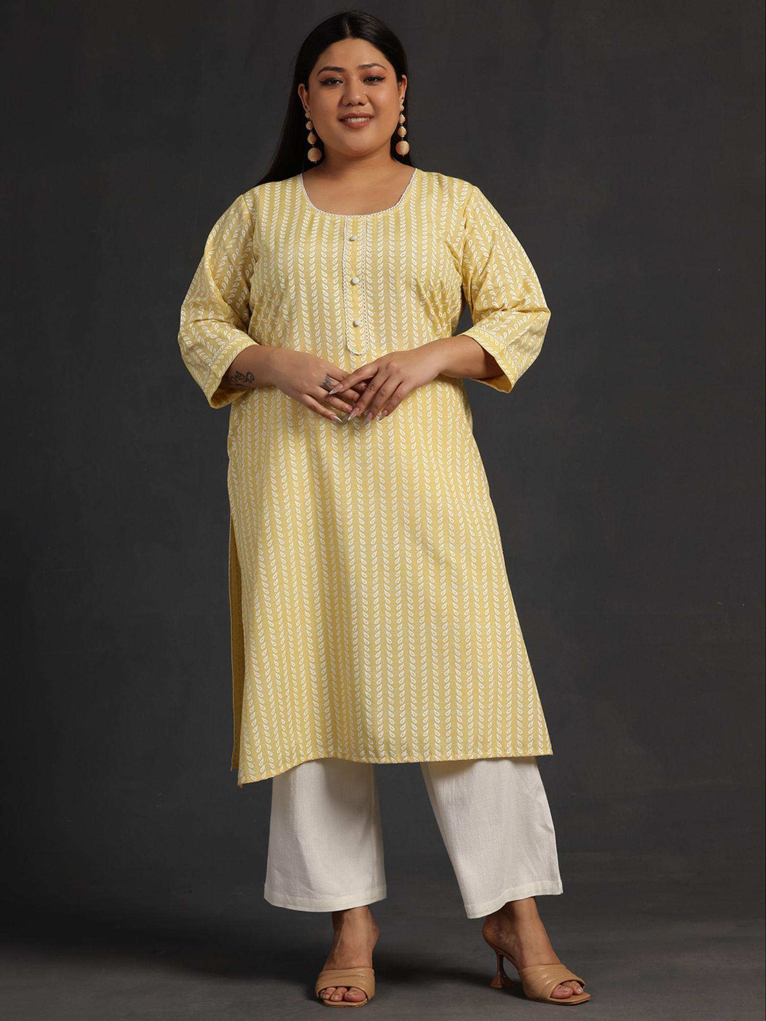 woman plus size yellow cotton blend printed straight kurta