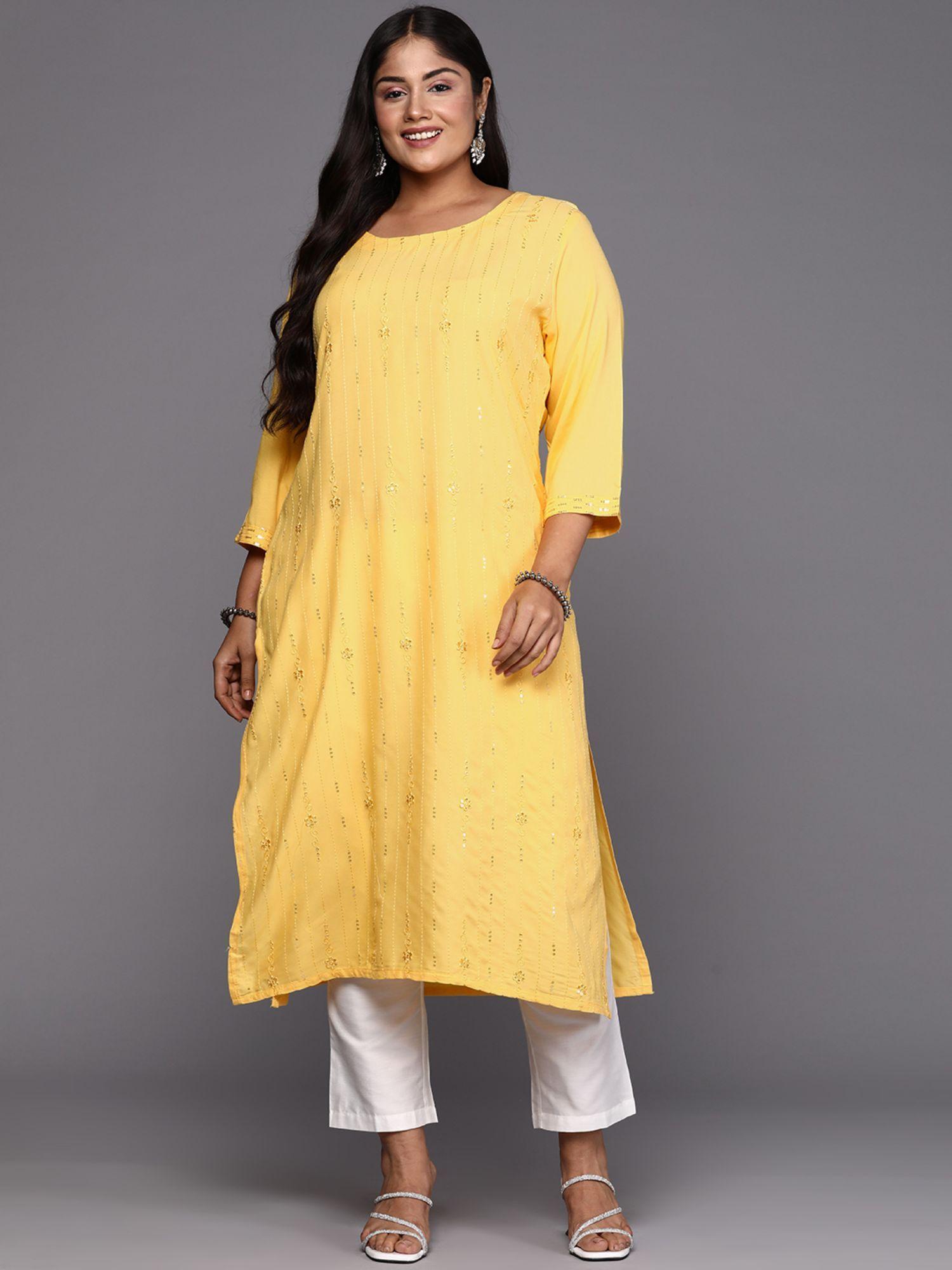 woman plus size yellow embroidered straight kurta