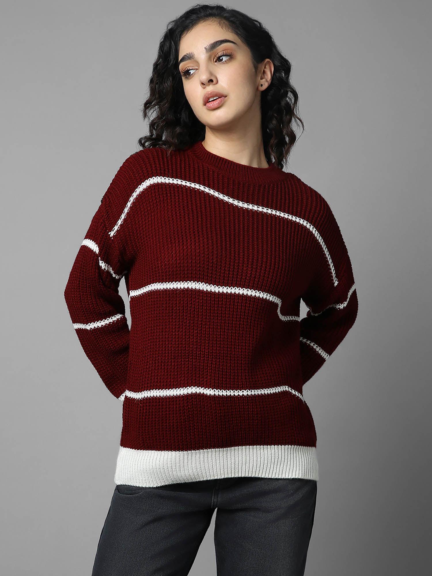 women acrylic striped long sleeves round neck sweaters