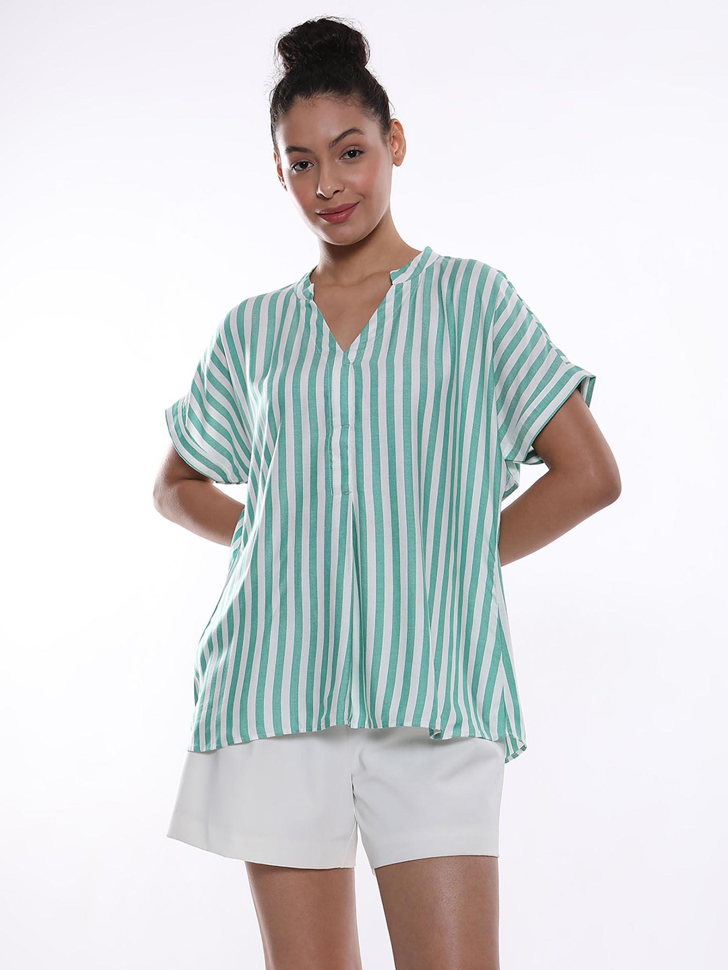 women alva green & white striped viscose loose shirt