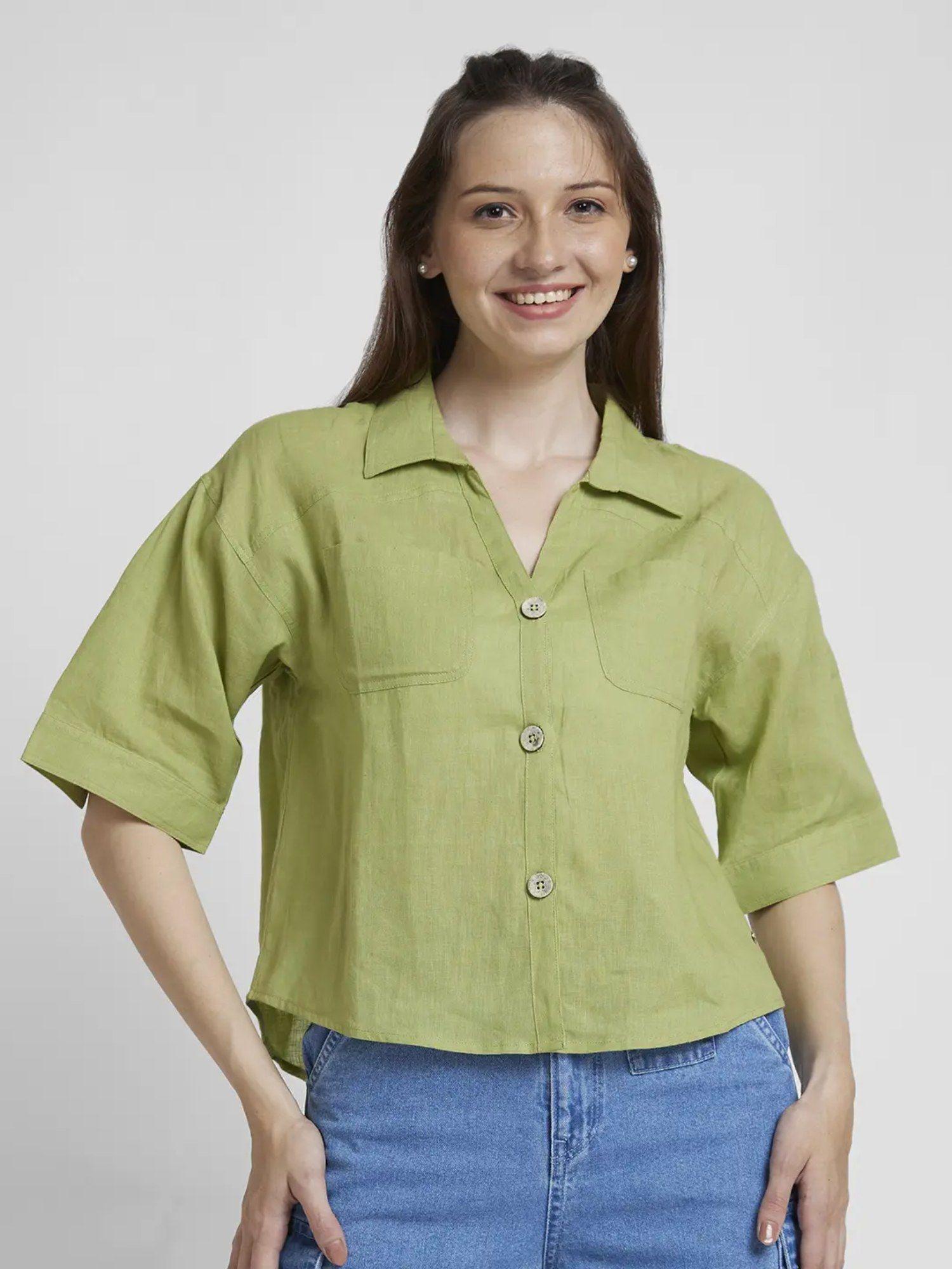 women bay leaf viscose linen slim fit half sleeve plain crop shirt