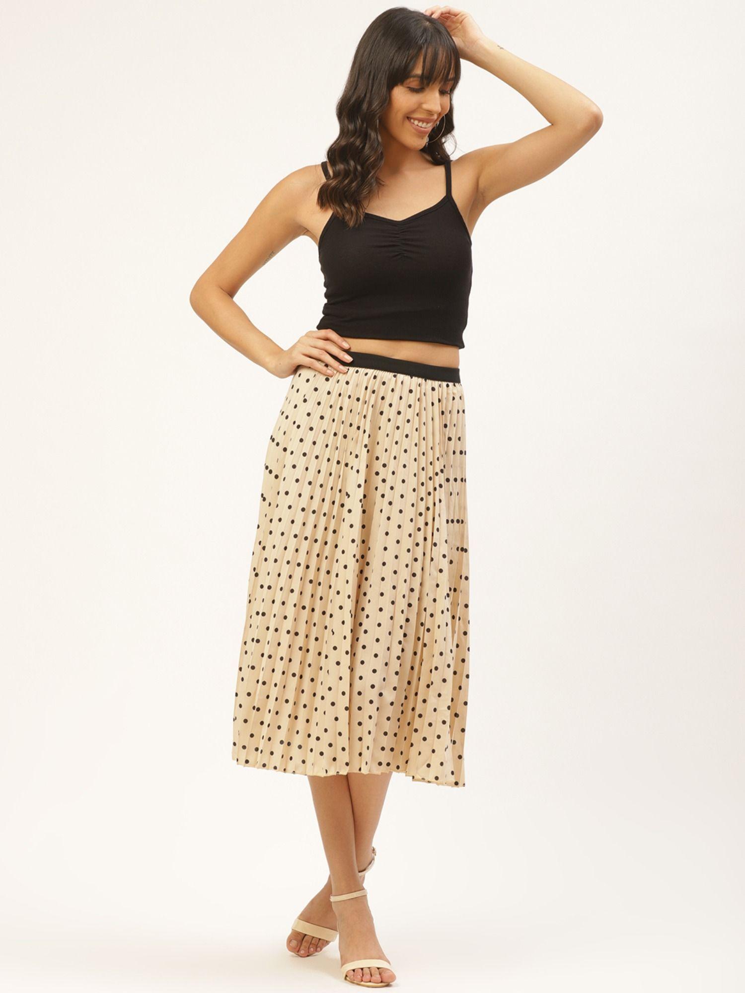 women beige & black polka dots printed accordion pleated a-line skirt