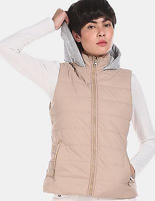 women beige hooded quilted jacket