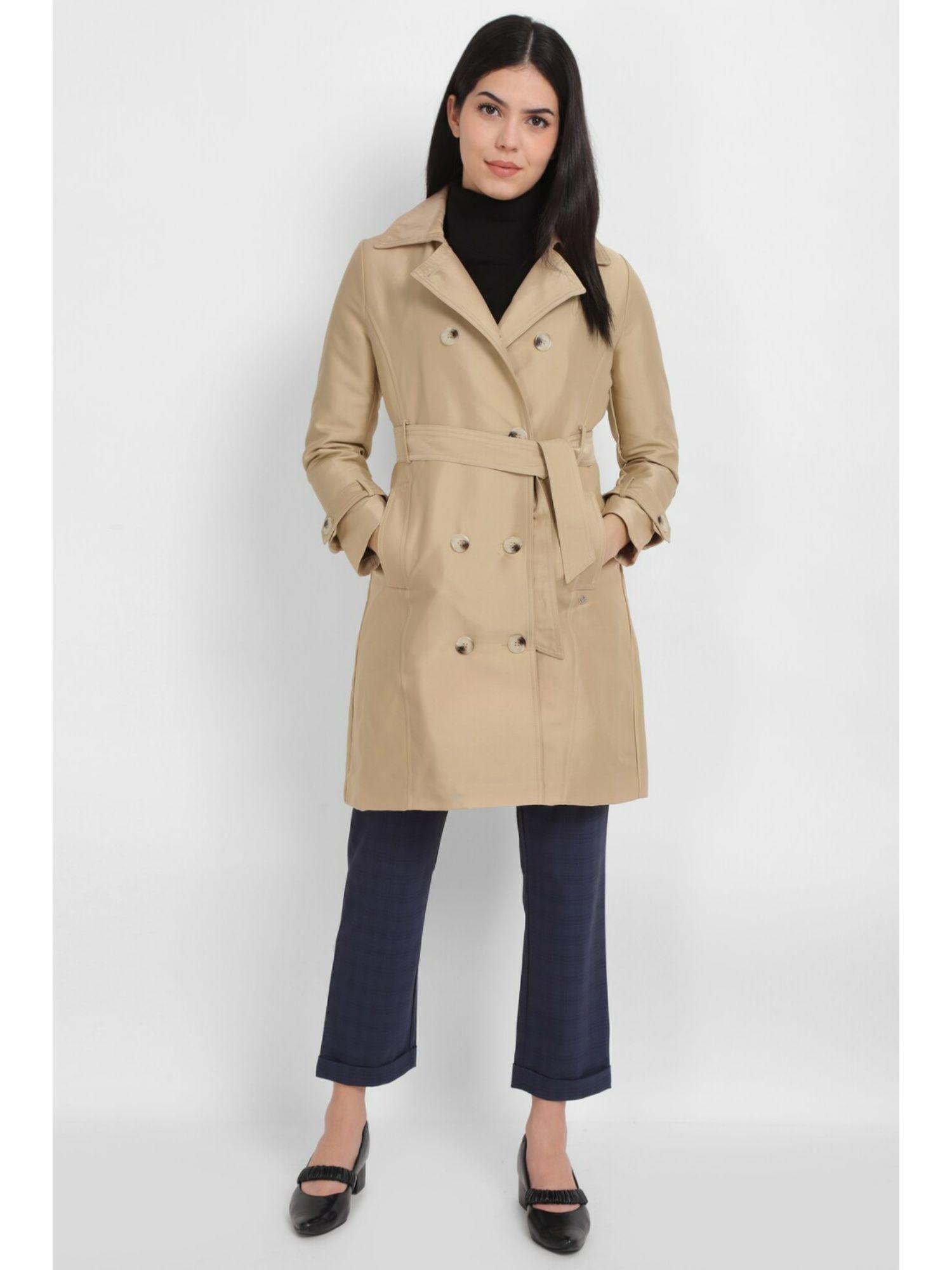 women beige solid casual coat (set of 2)