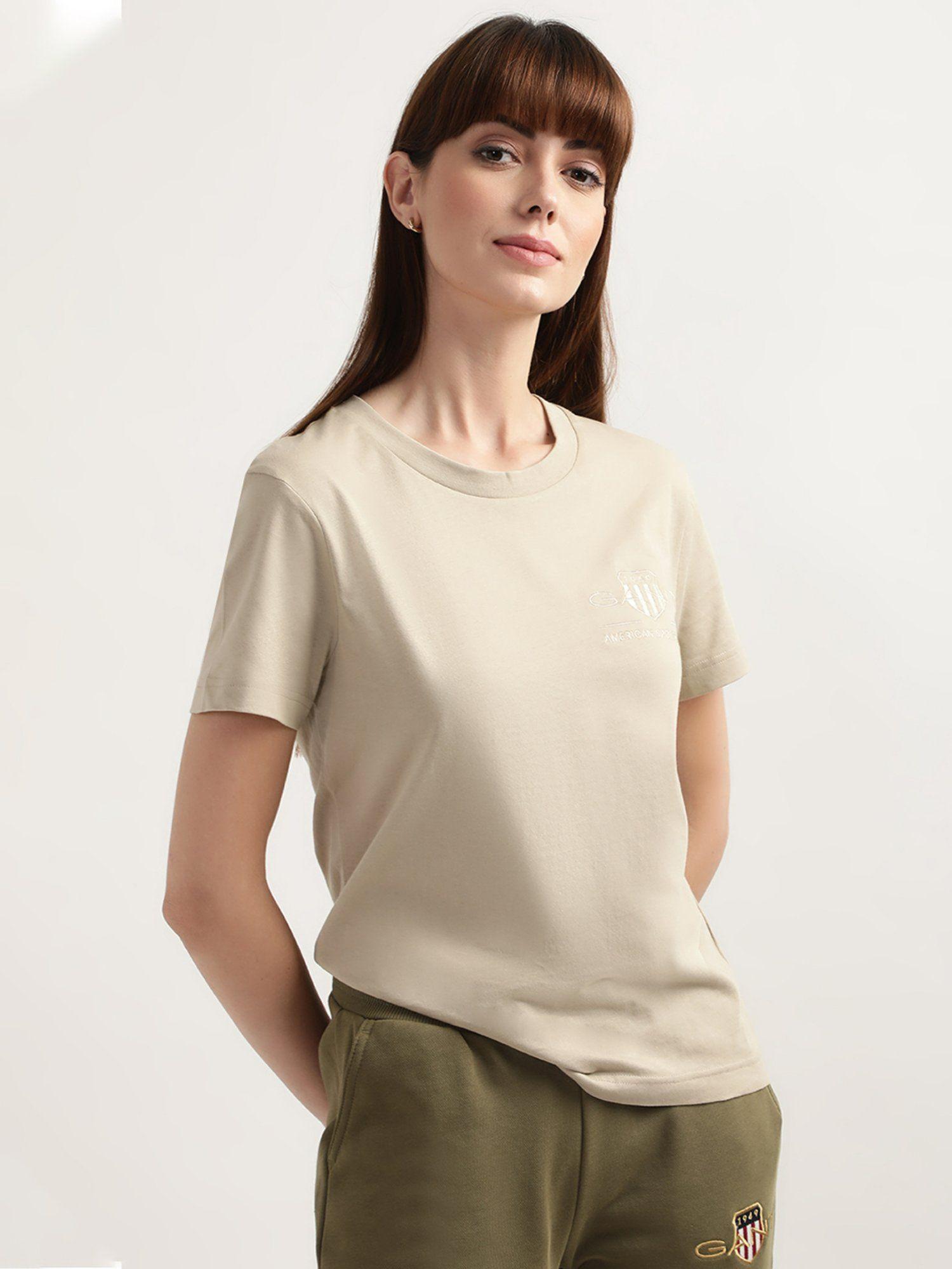 women beige solid t-shirt