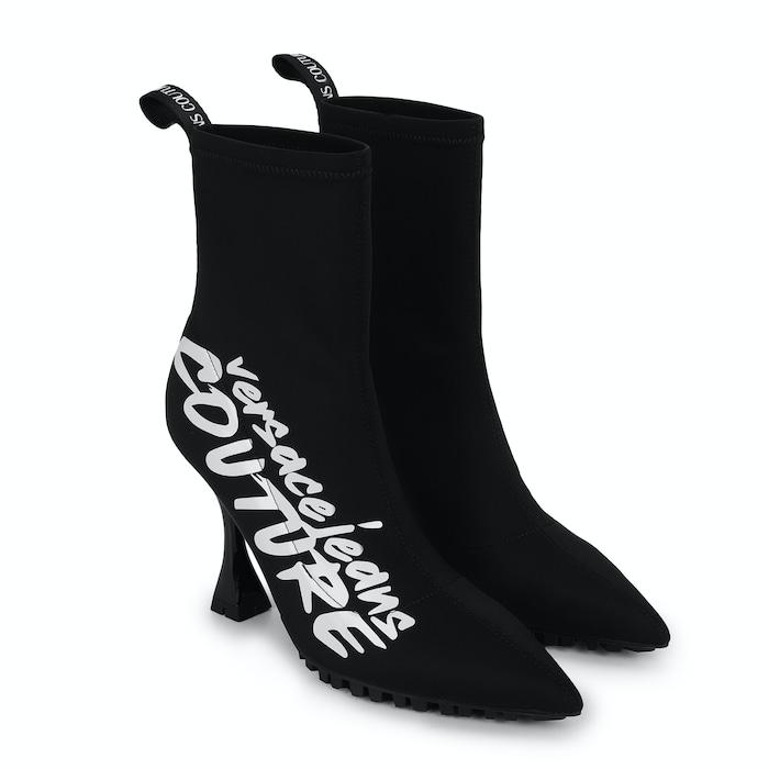 women black bold branding stretch lycra heel boots
