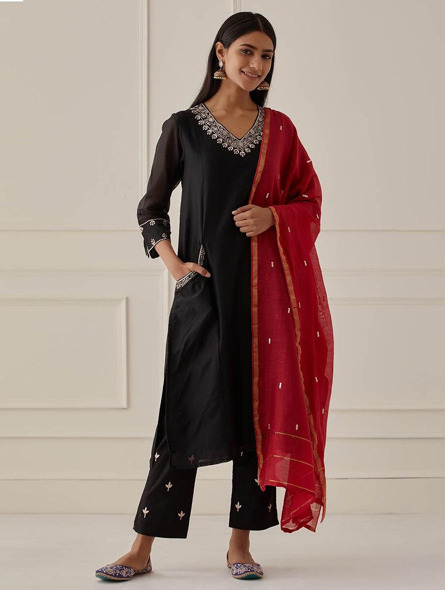 women black chanderi silk hand embroidery v neck straight kurta , pant & dupatta