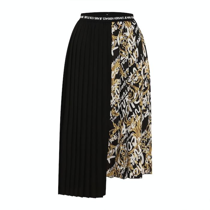 women black pleated asymmetric half-printed skirt