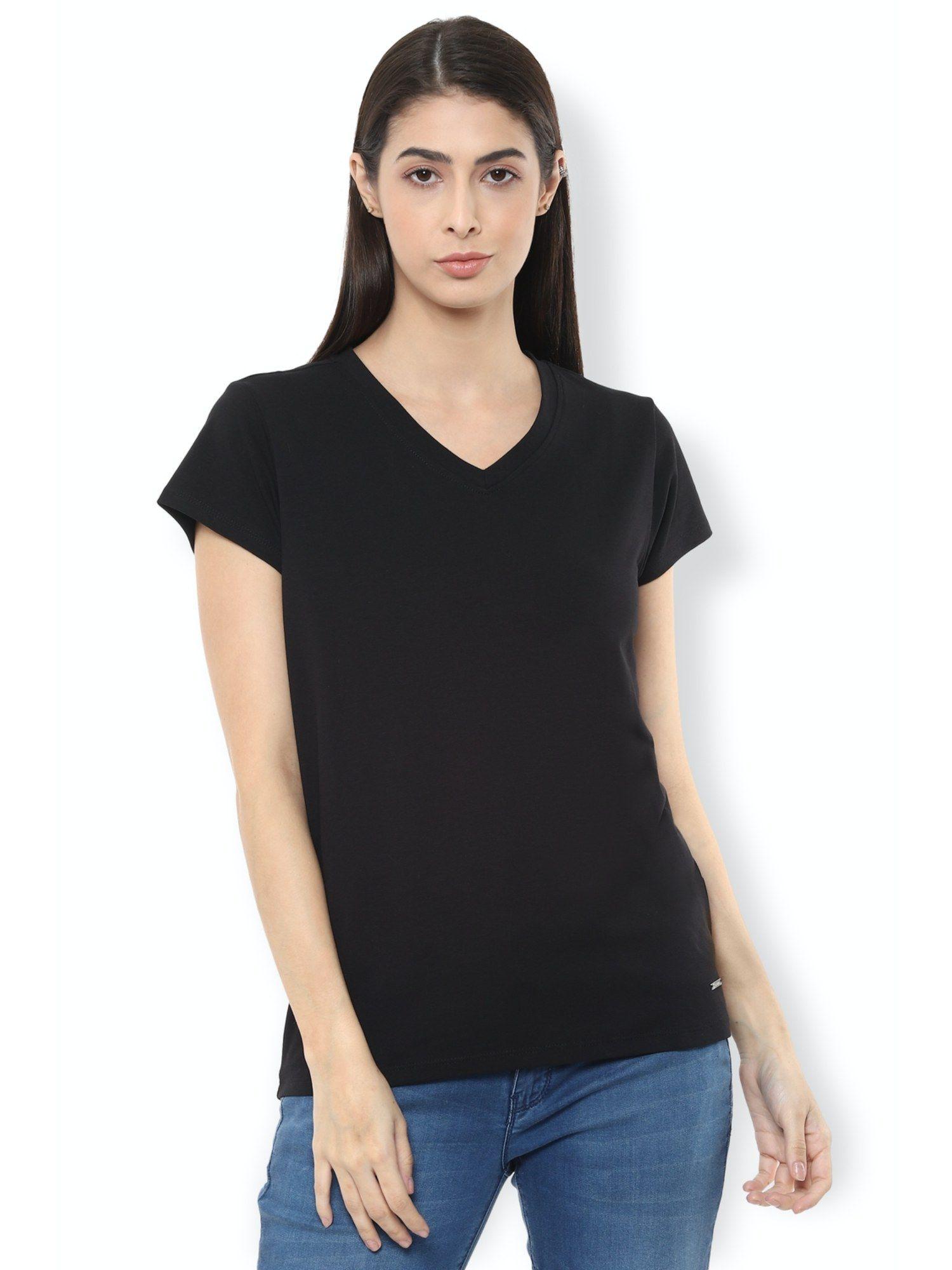 women black solid casual v-neck t-shirt