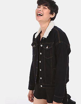 women black spread collar denim jacket