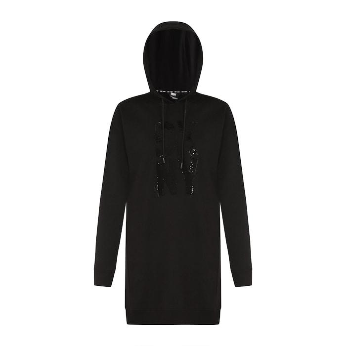 women black stacked sequin logo hooded dress