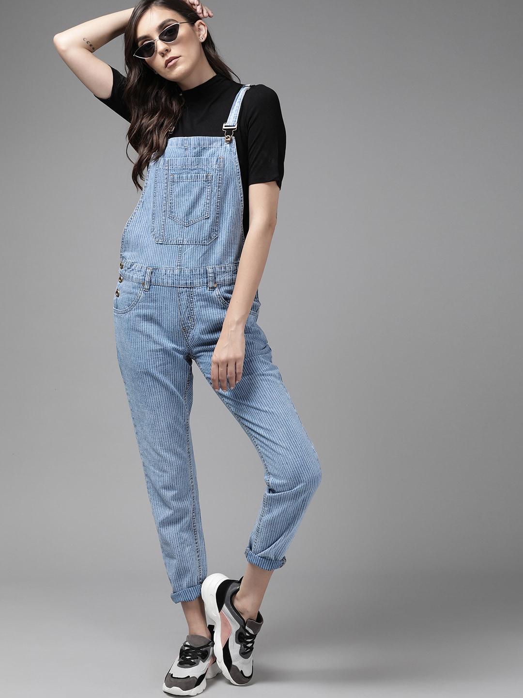 women blue & white striped skinny fit dungarees