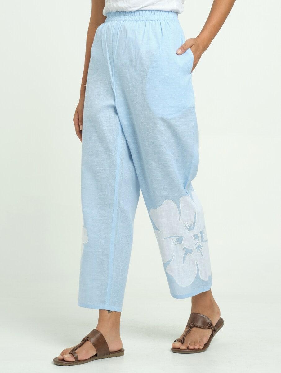 women blue cotton blend applique regular straight fit pants