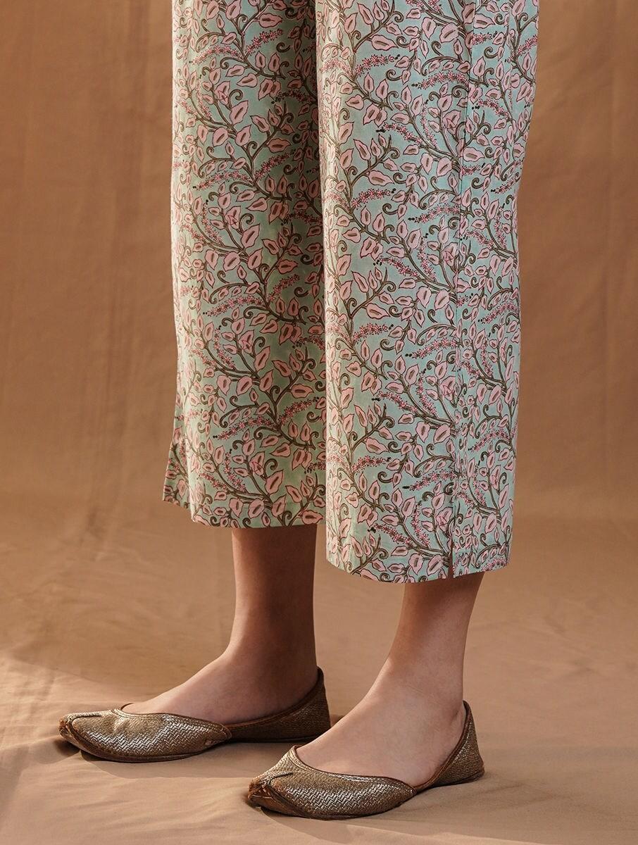 women blue cotton printed ankle length regular fit pants