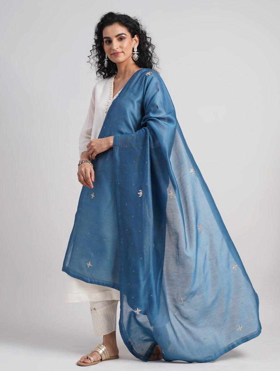 women blue cotton silk hand embroidery dupatta