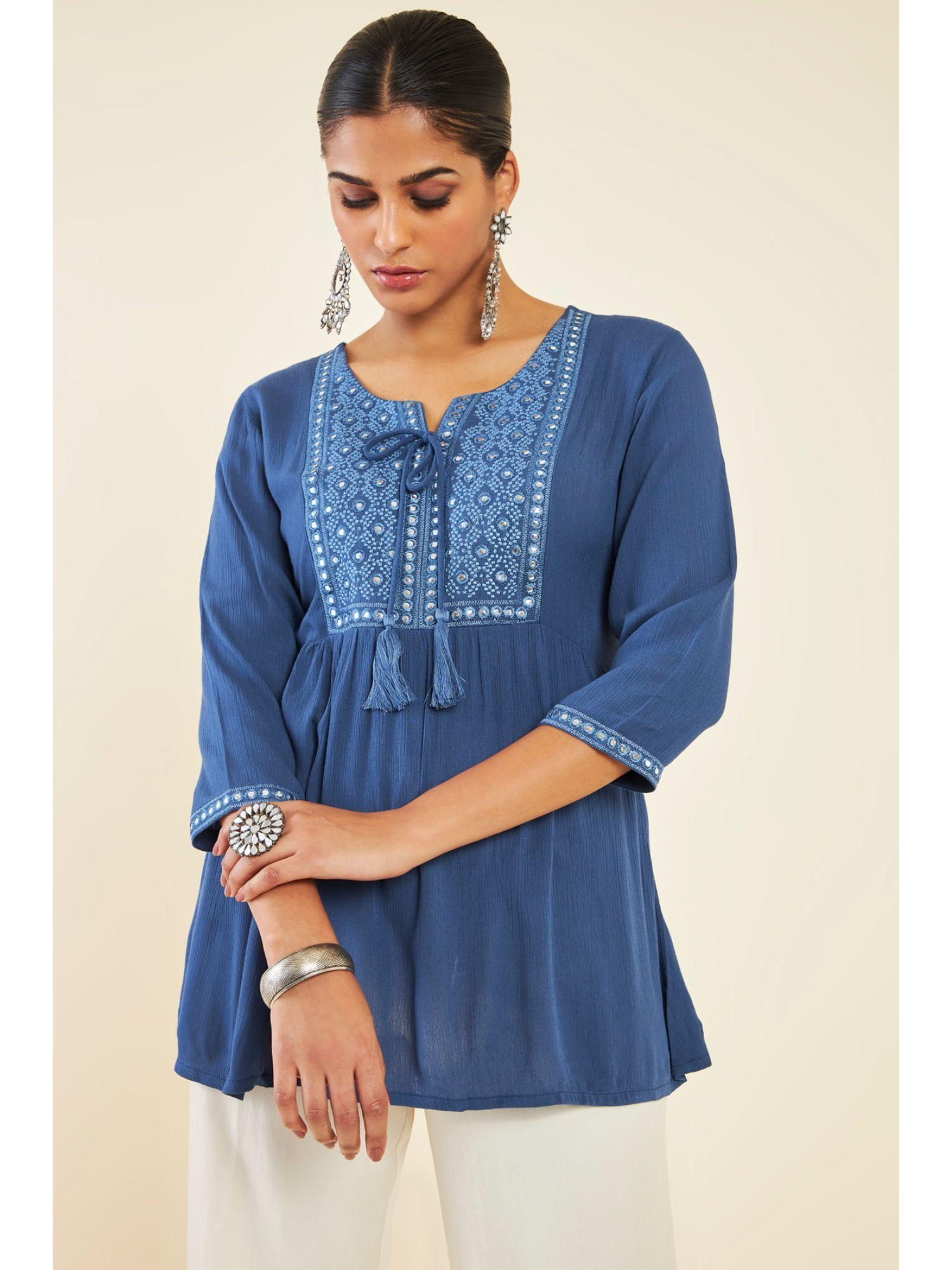 women blue crepe embroidered tunic