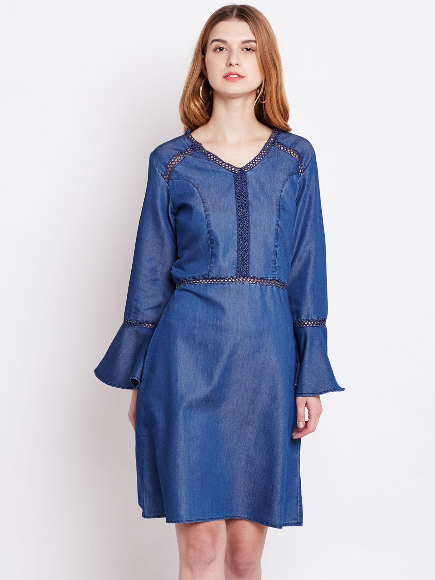 women blue denim a-line dress